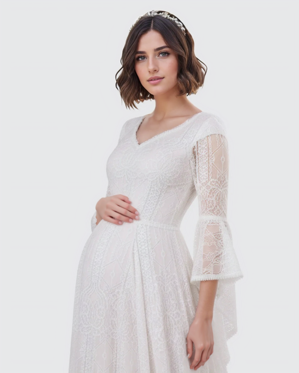 Bump Society – The Comfort Collection: Lace Bell-Sleeve Floor-Length Maternity Gown