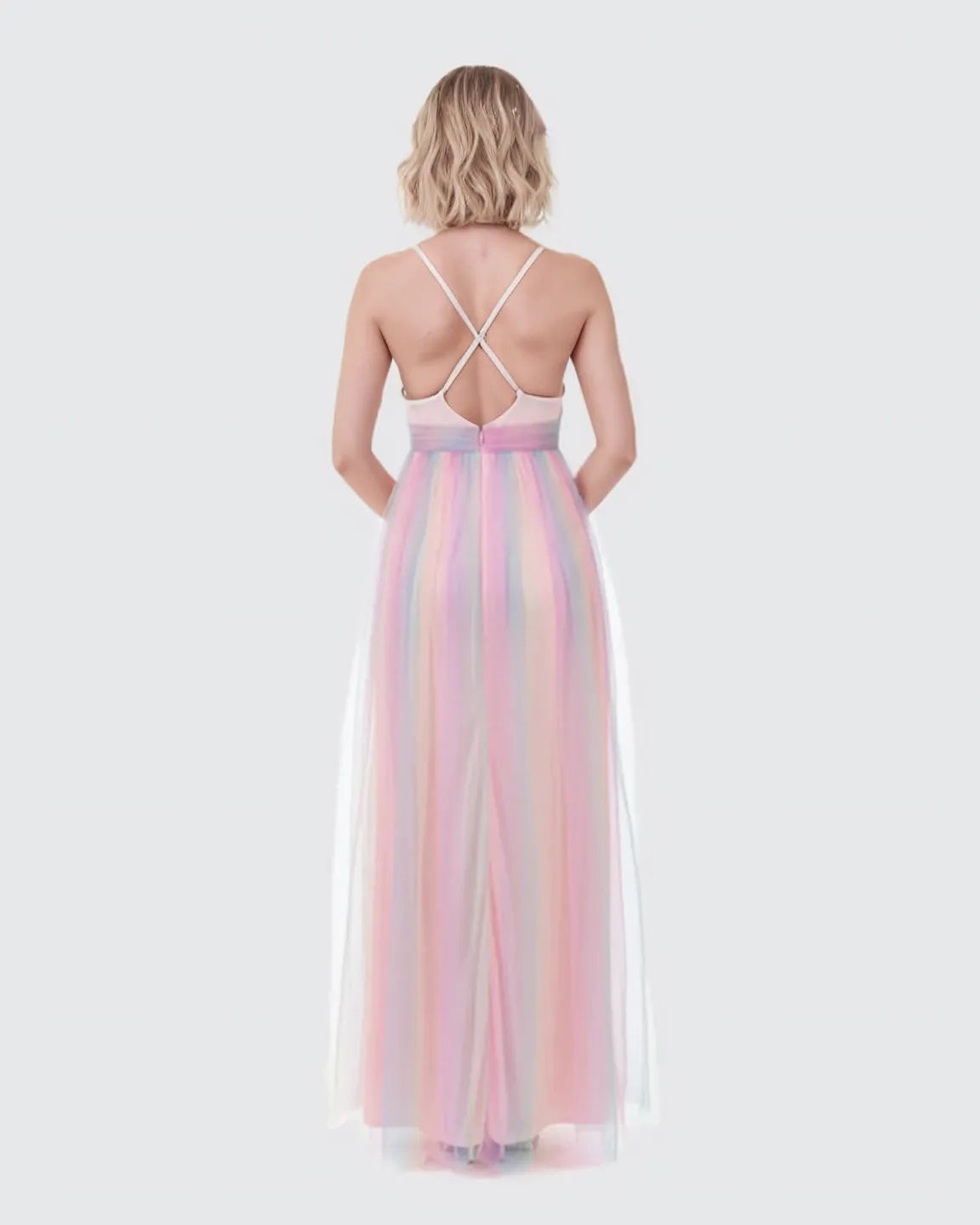 Bump Society – The Comfort Collection: Cross-Back Rainbow Tulle Maternity Gown