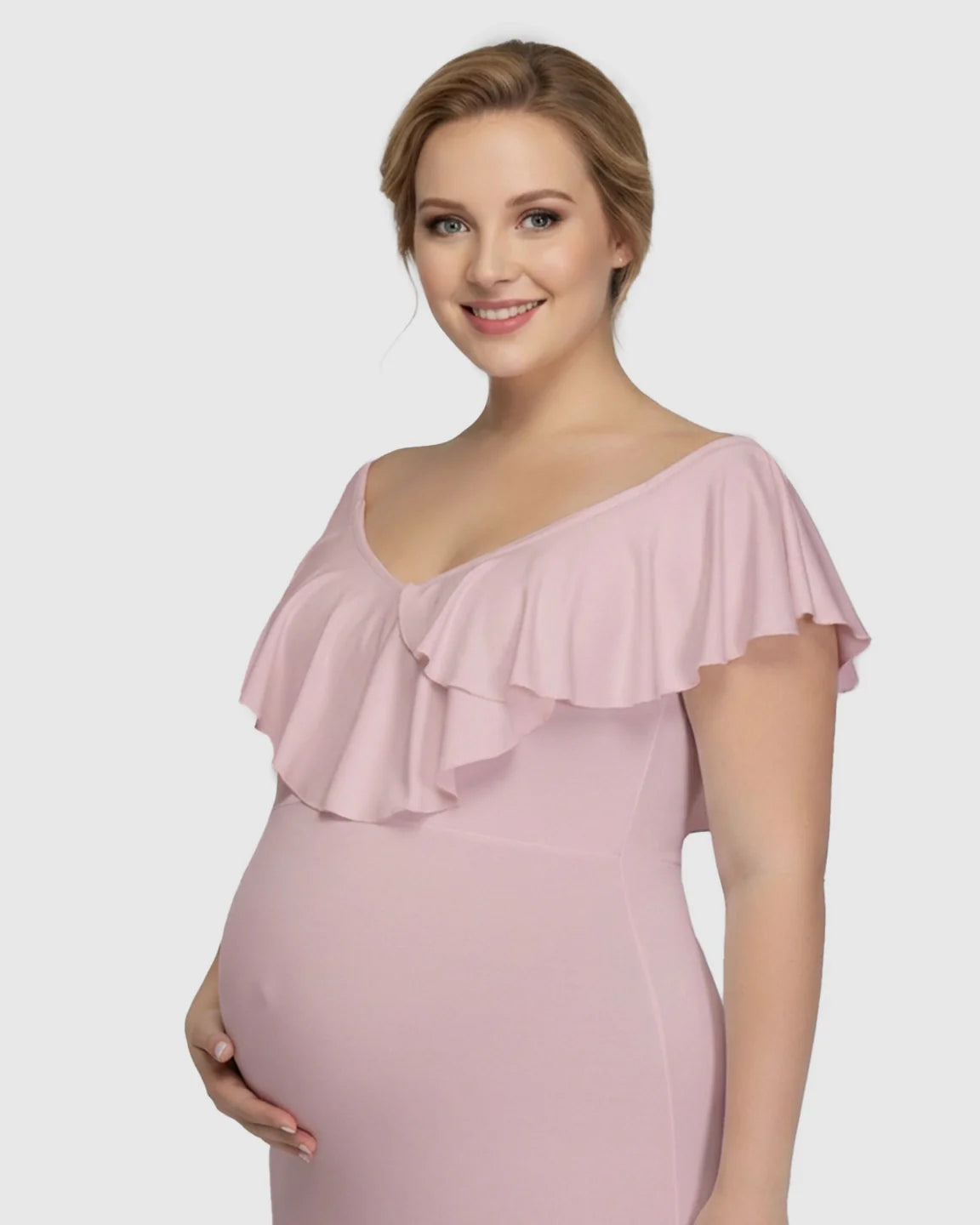 Bump Society – The Comfort Collection: Off-Shoulder Ruffled Bodycon Maternity Maxi Dress