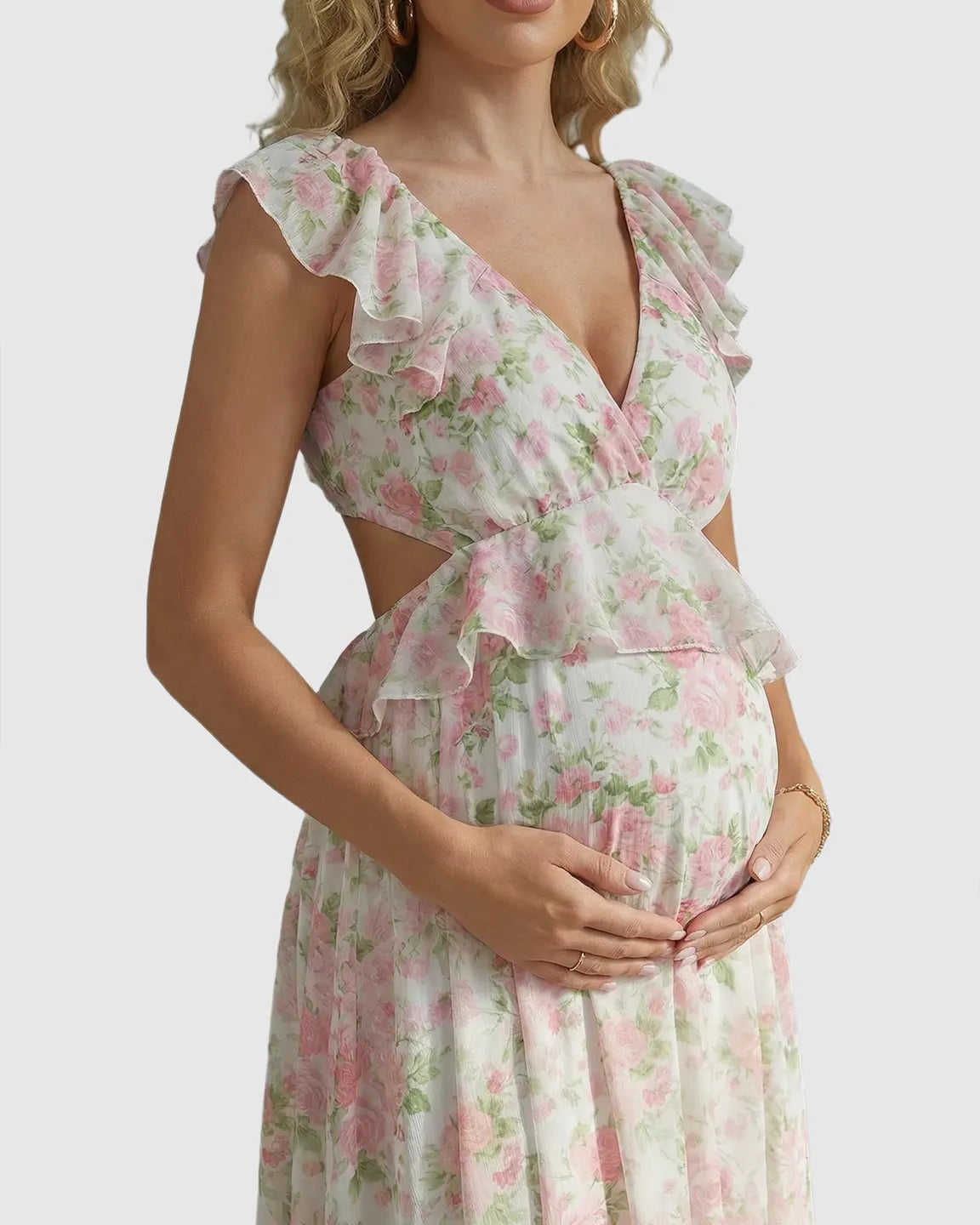 Bump Society – The Comfort Collection: Floral Ruffle Cap Sleeve Flowy Maternity Photoshoot Dress