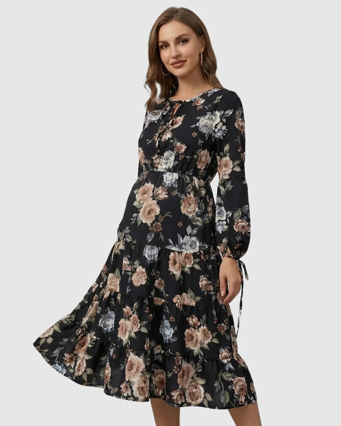 Bump Society – The Comfort Collection: Floral Tiered Hem Boho Maternity Midi Dress