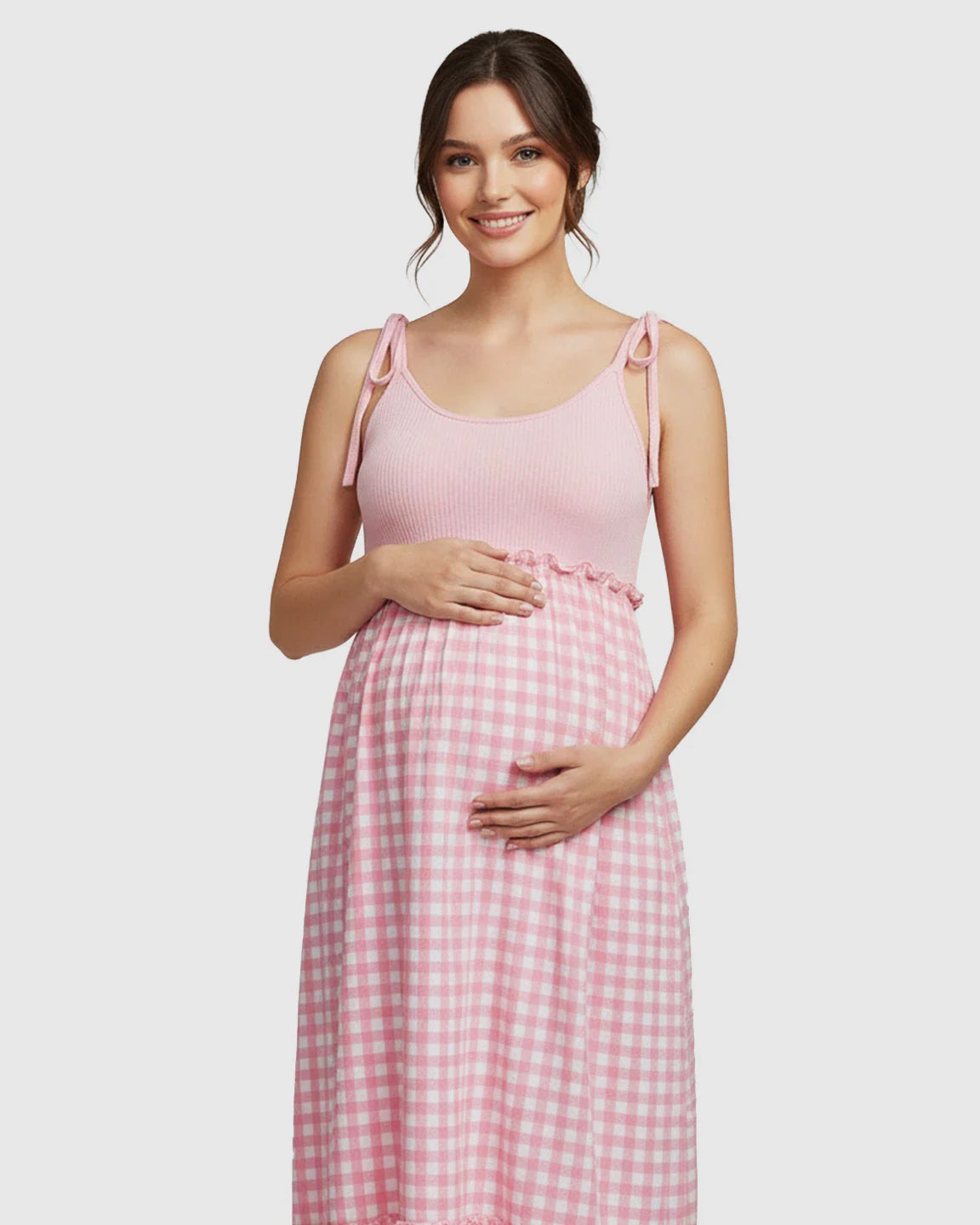 Bump Society – The Comfort Collection: Spaghetti Strap Plaid Patchwork Maternity Maxi Dress