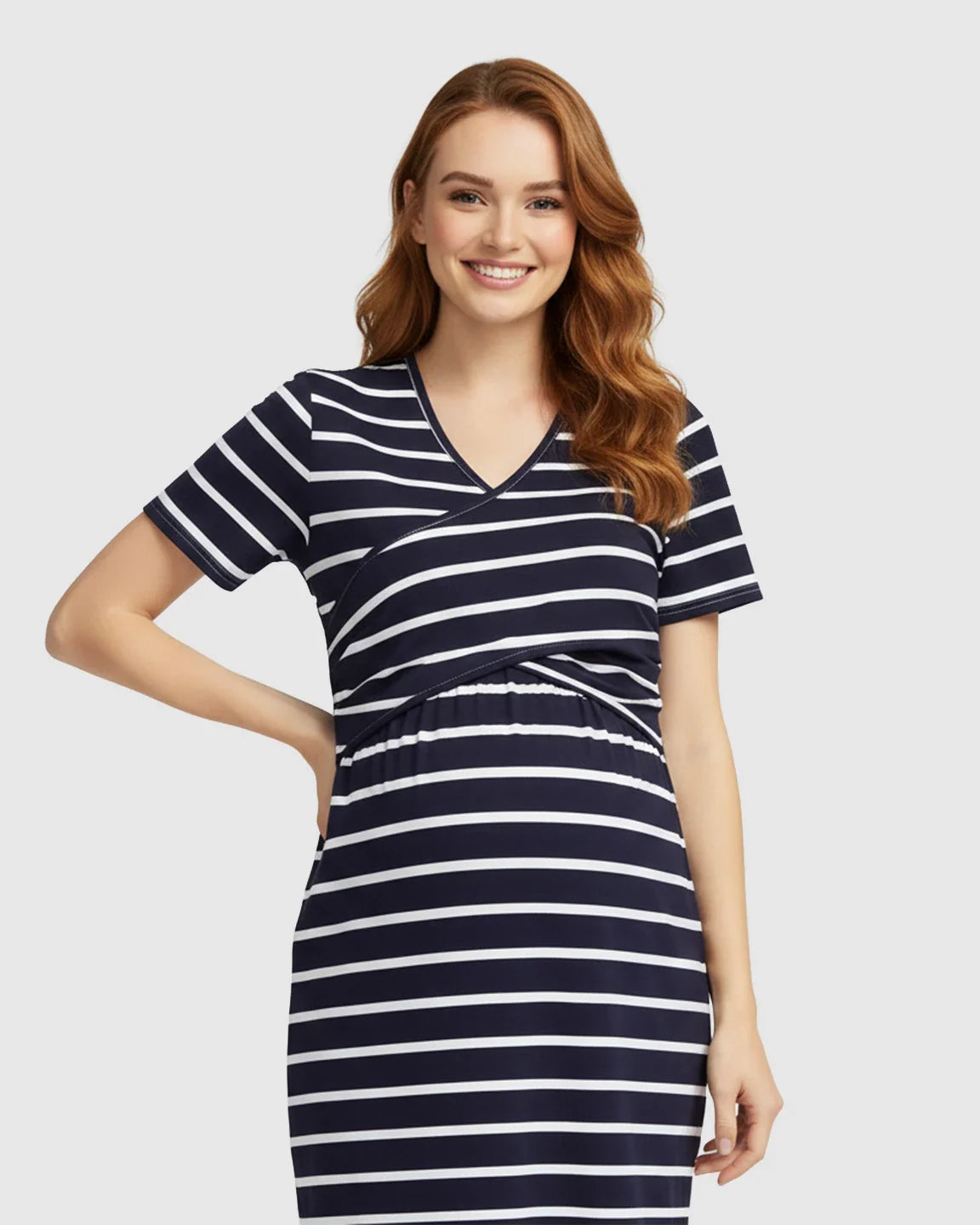 Bump Society – The Nursing Collection: Striped Crossover Fitted Nursing Maternity Midi Dress