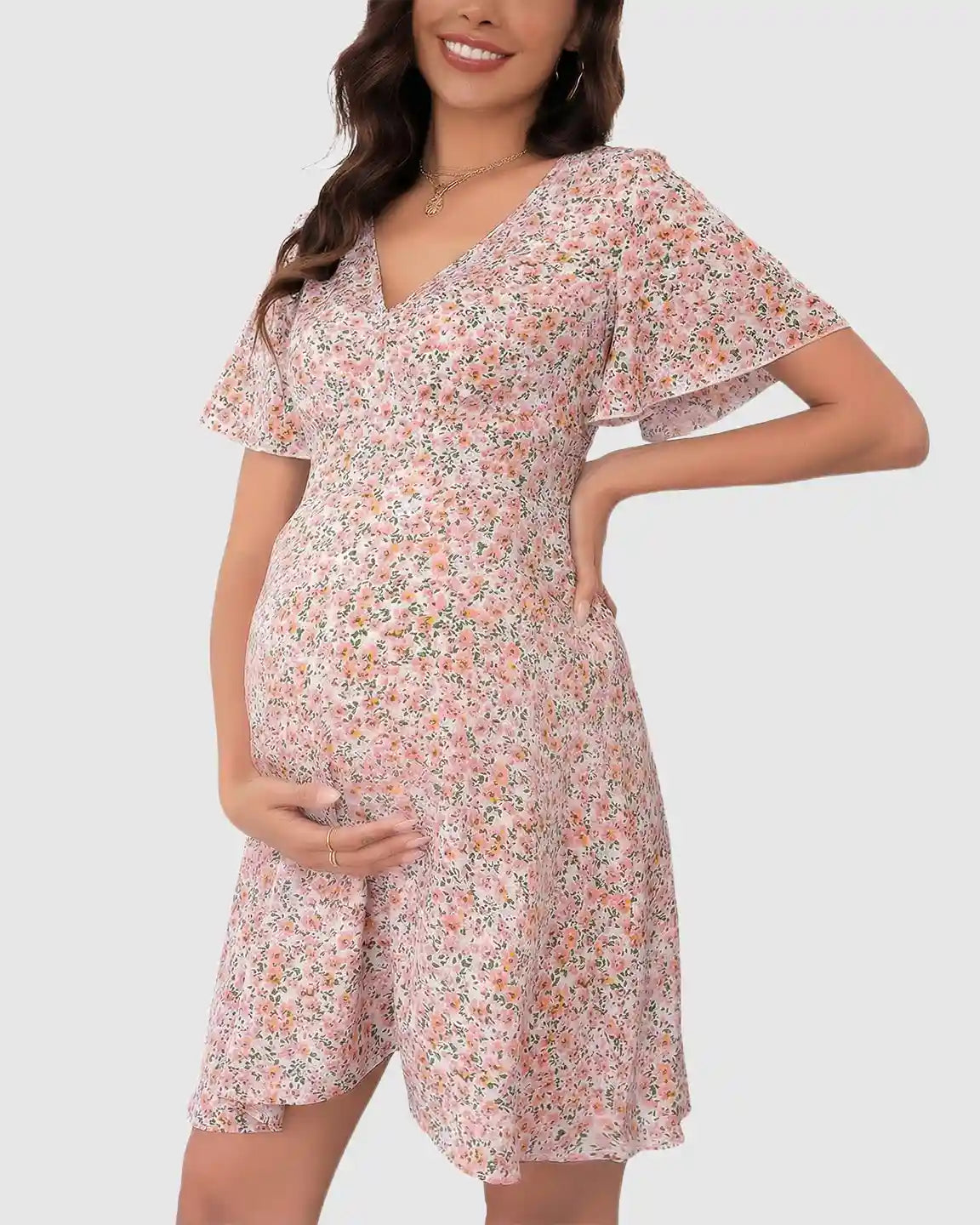 Bump Society – The Comfort Collection: Flounce Sleeve Floral A Line Maternity Mini Dress
