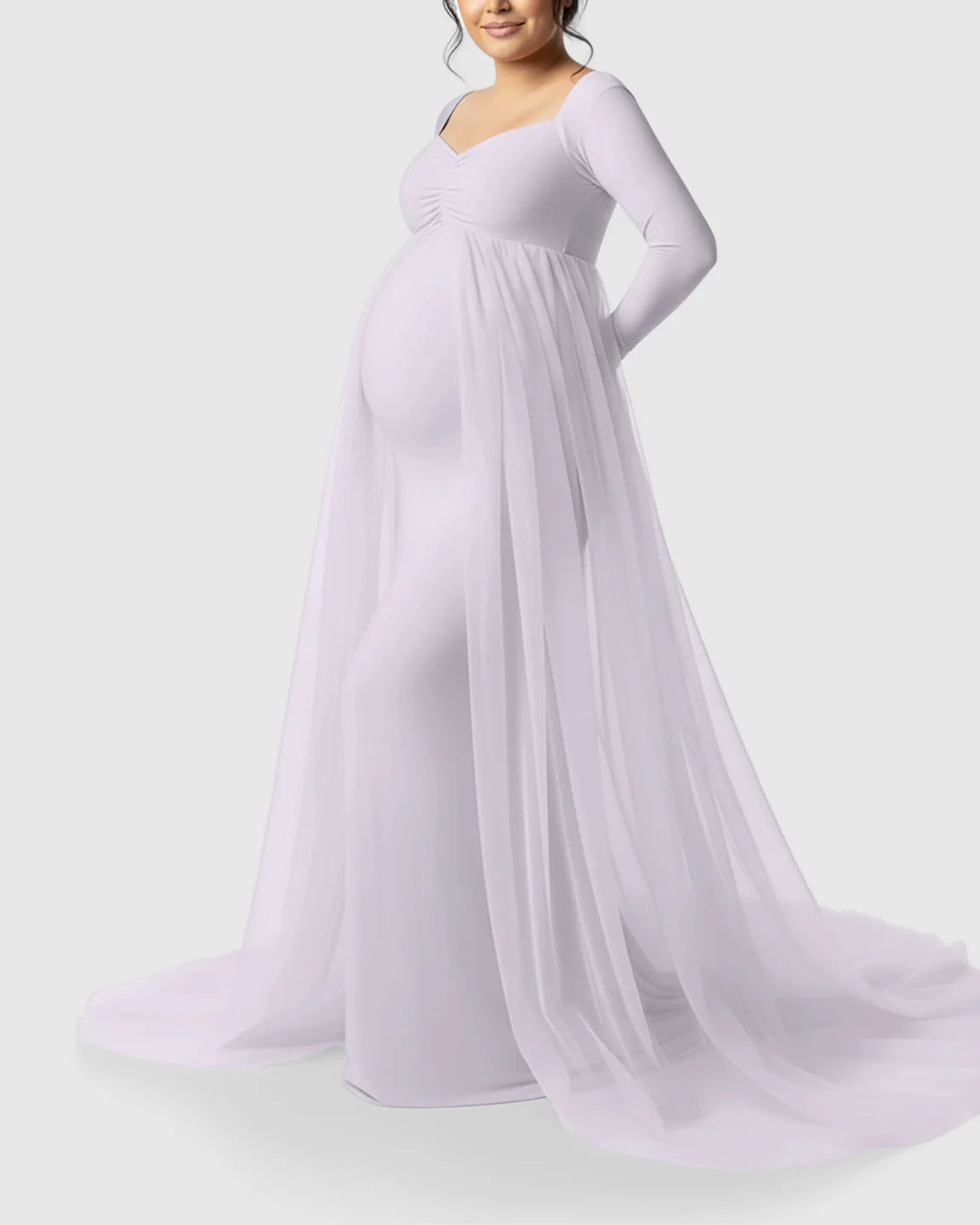 Bump Society – The Comfort Collection: Sheer Mesh Flowy Train Maternity Maxi Dress