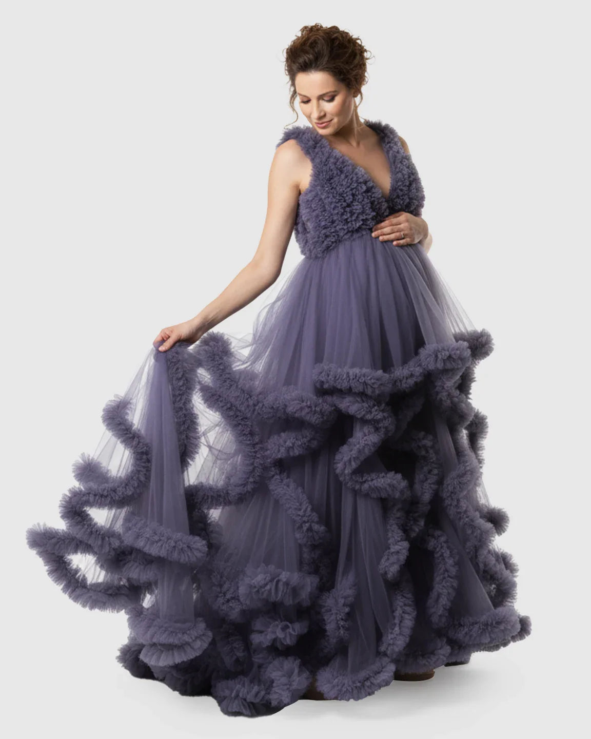 Bump Society – The Comfort Collection: Ruffled Bodice Multi-Layer Mesh Pleats Maternity Gown