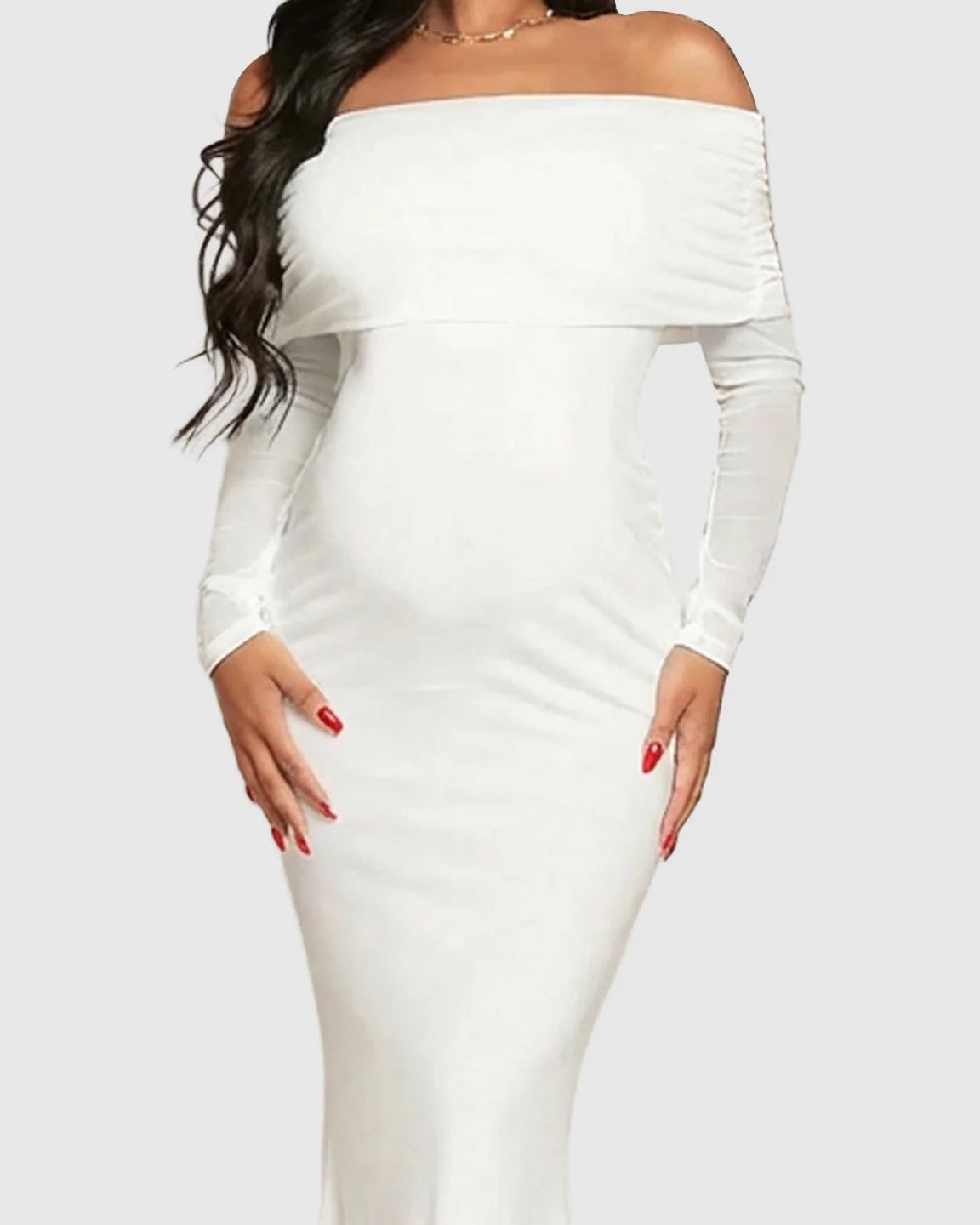 White off-shoulder draped neck mermaid fit maternity maxi dress, polyester stretch, long sleeves.