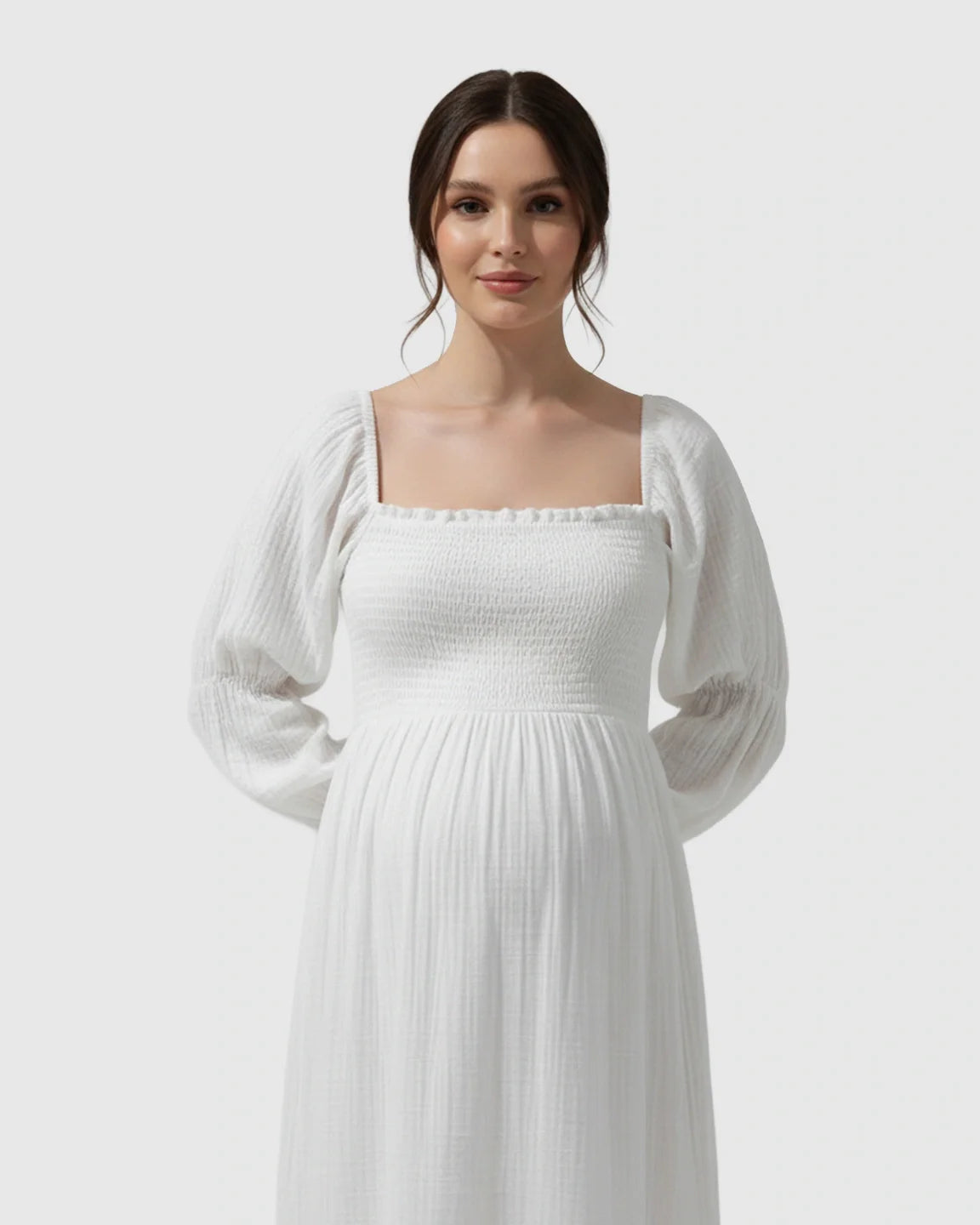 Bump Society – The Comfort Collection: Puffed Long-Sleeve Tiered Skirt Maternity Maxi Dress