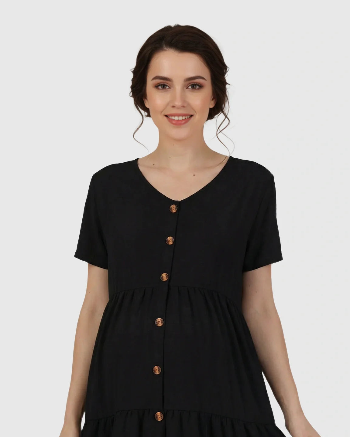 Bump Society – The Comfort Collection: Button Up Tiered Maternity Mini Dress
