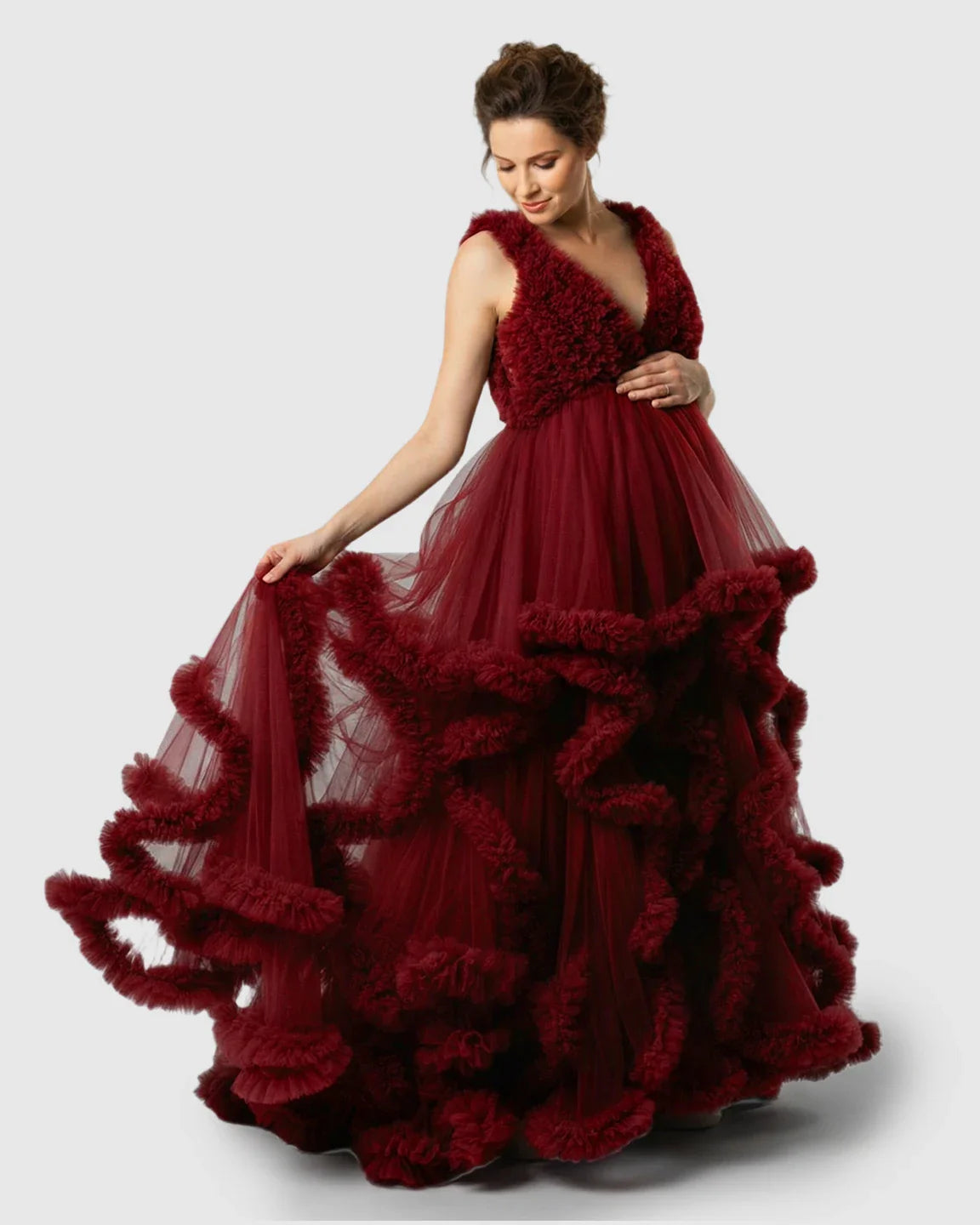 Bump Society – The Comfort Collection: Ruffled Bodice Multi-Layer Mesh Pleats Maternity Gown