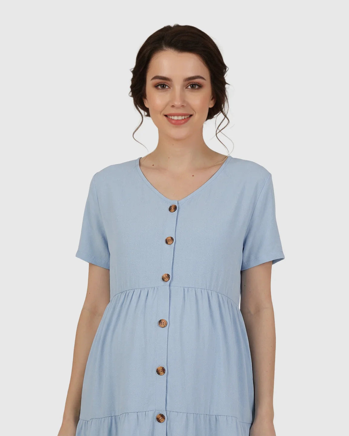 Bump Society – The Comfort Collection: Button Up Tiered Maternity Mini Dress