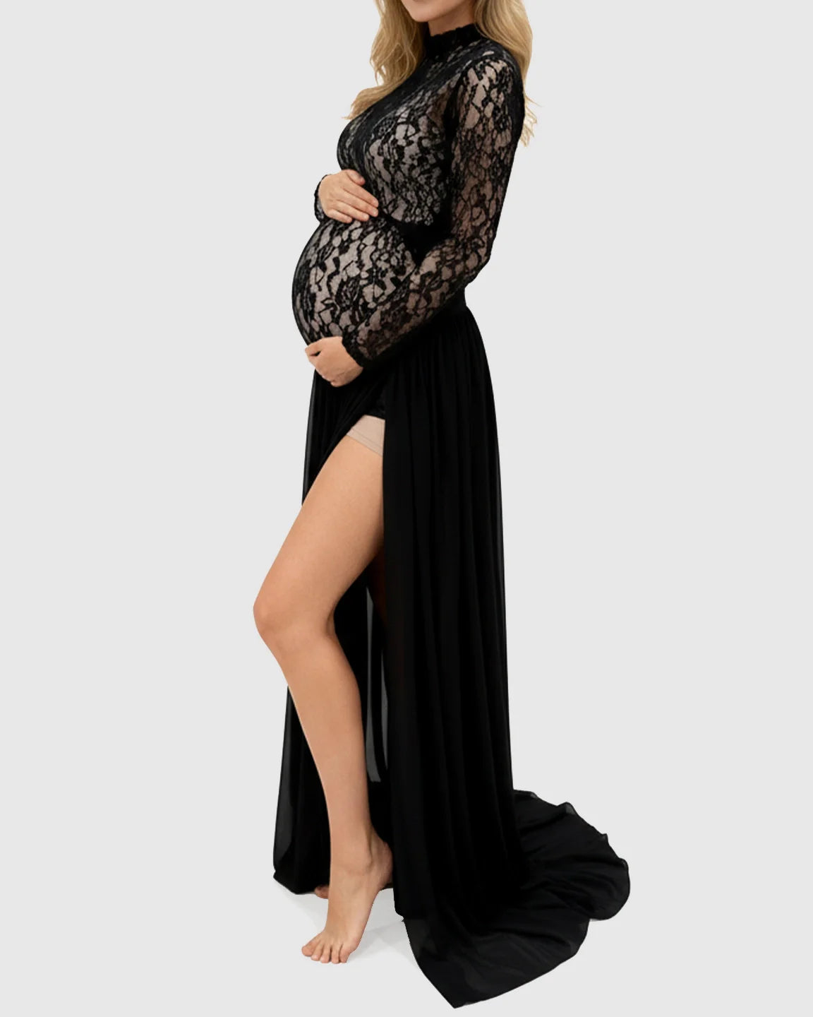 Bump Society – The Comfort Collection: Sheer Lace Double Slit Maternity Photoshoot Gown