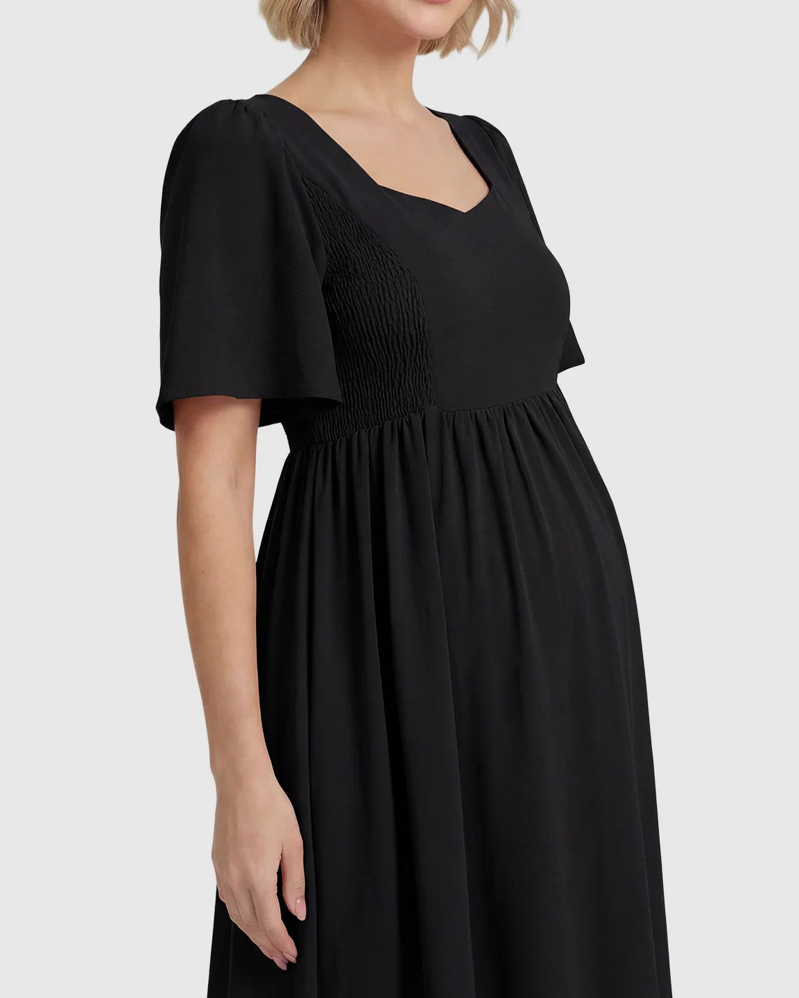 Bump Society – The Comfort Collection: Shirred Ruffle Sleeve Swing Maternity Midi Dress