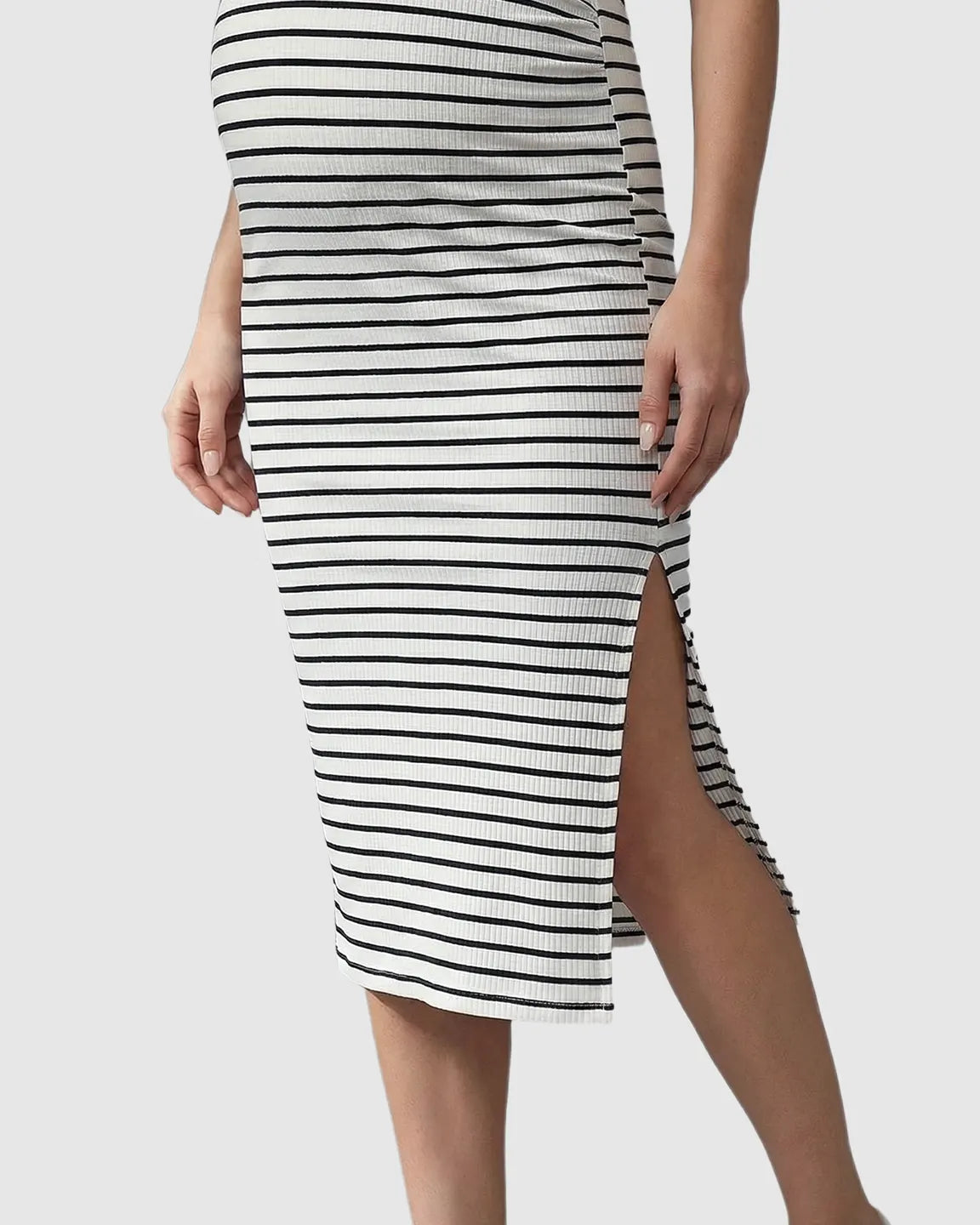 Bump Society – The Comfort Collection: Stripe Print Side Slit Maternity Midi Dress