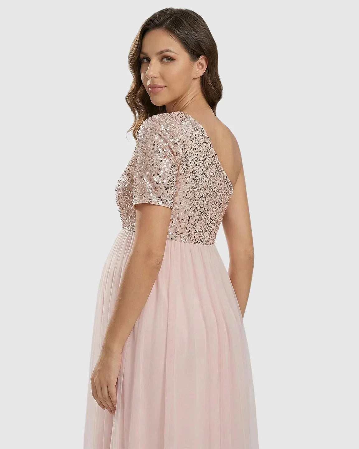 Bump Society – The Comfort Collection: Sequin Bodice Flowing Mesh Maternity Maxi Dress