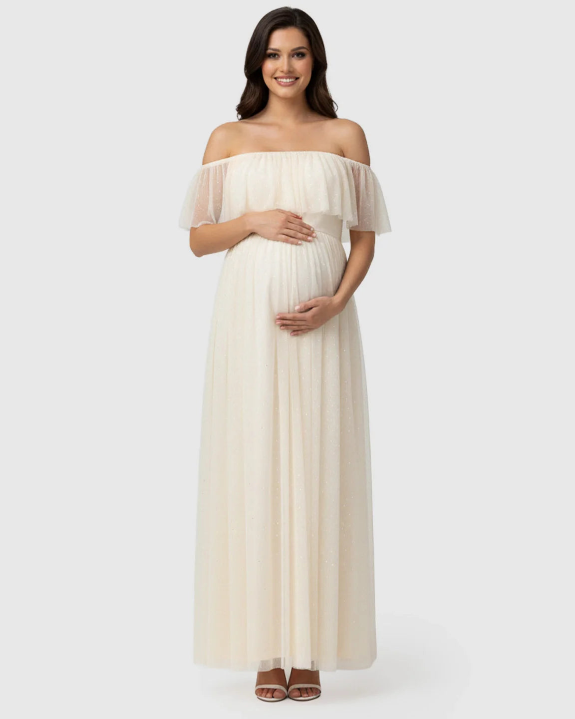 Bump Society – The Comfort Collection: Off-Shoulder Ruffled Mesh Maternity Maxi Dress