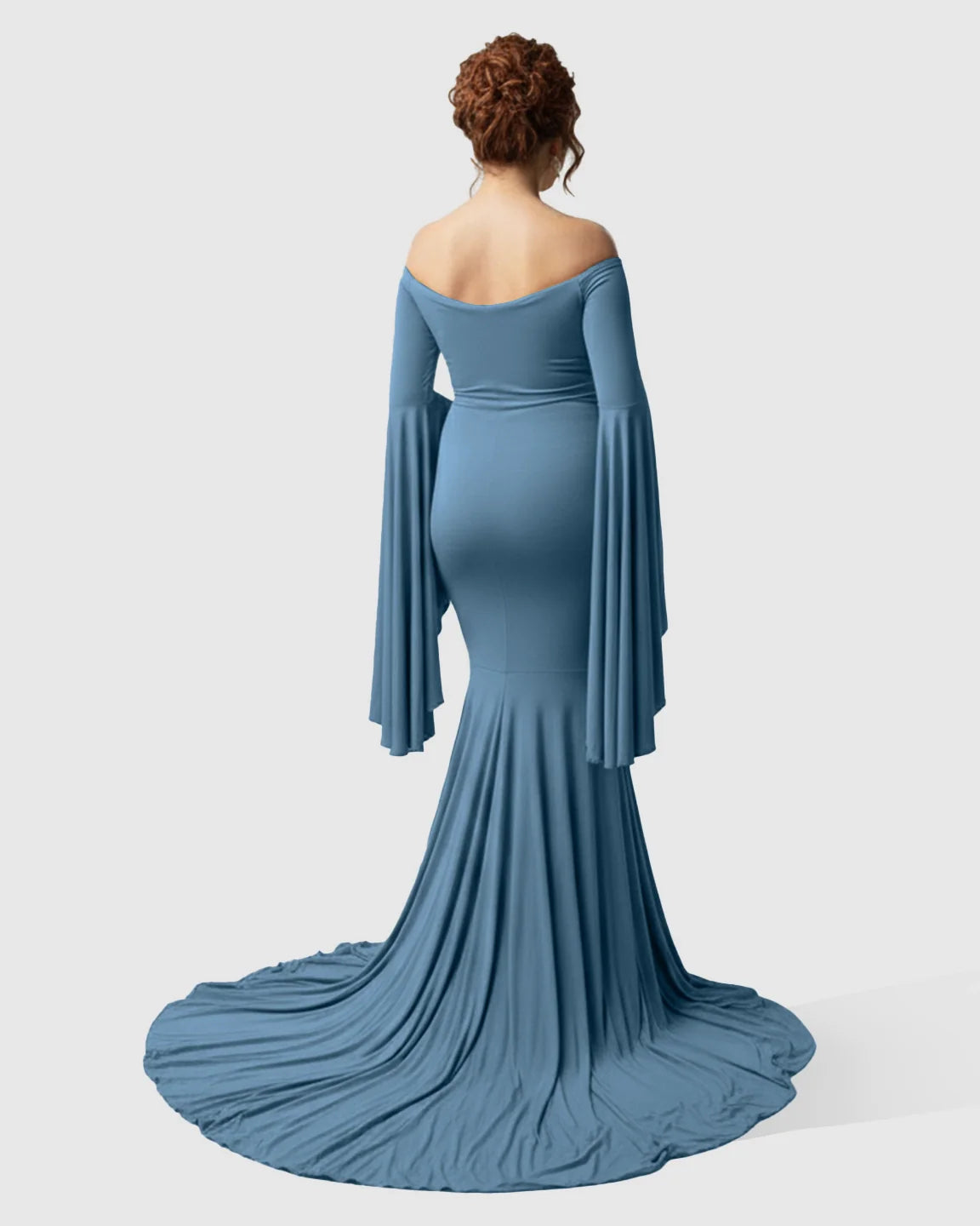 Bump Society – The Comfort Collection: Flared Sleeve Fishtail Train Maternity Photoshoot Dress