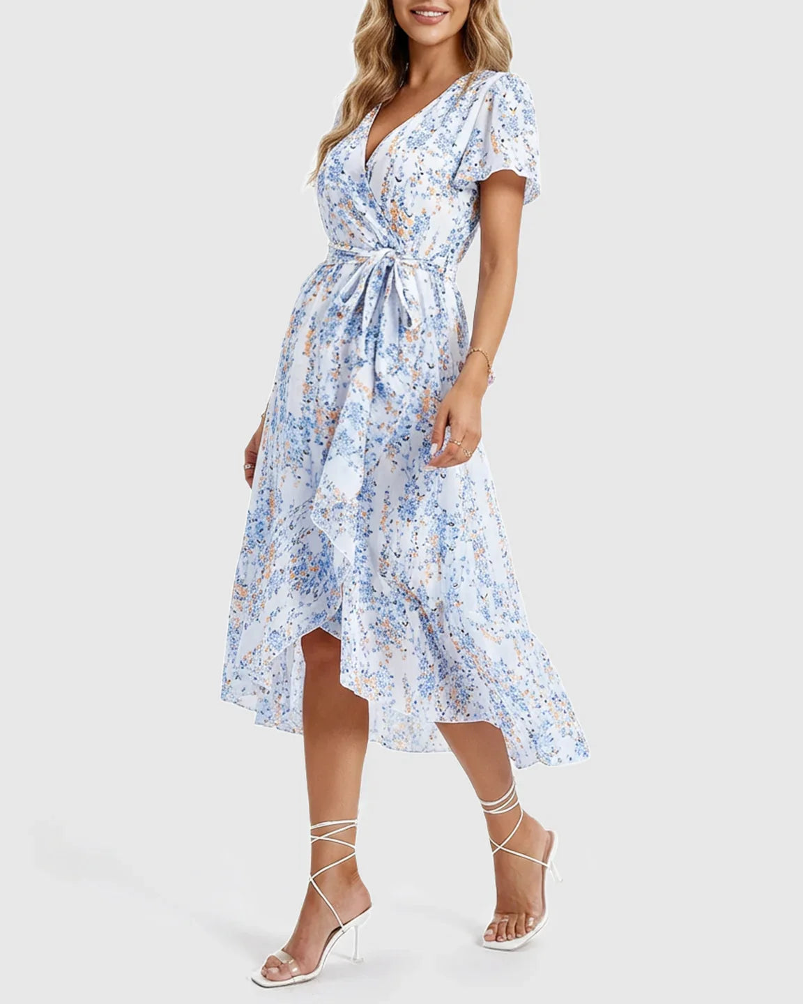 Floral V-neck ruffled hem maternity midi dress with short sleeves and a tie waist.