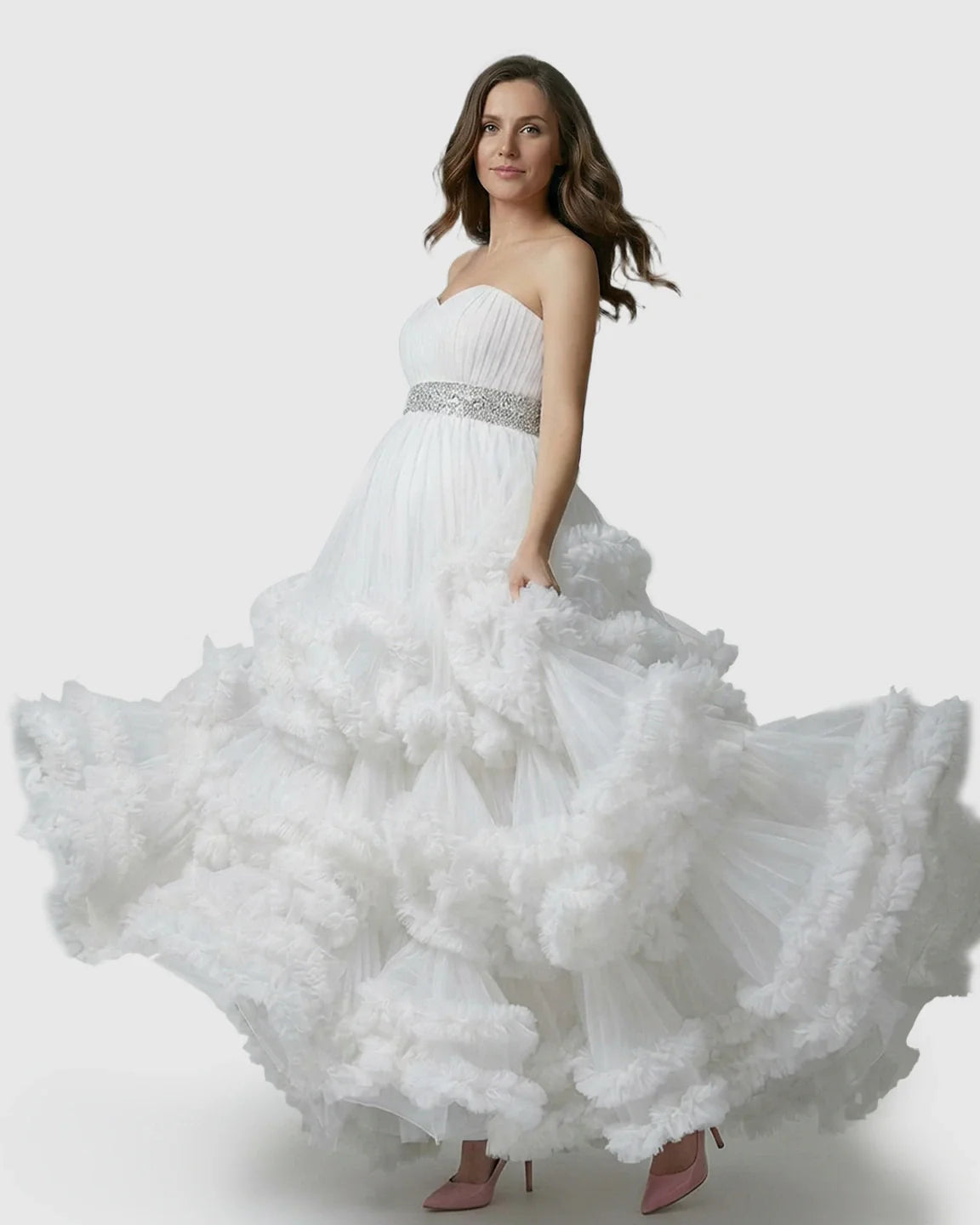 Bump Society – The Comfort Collection: Strapless Bodice Multi-Layered Ruffled Skirt Maternity Photoshoot Dress