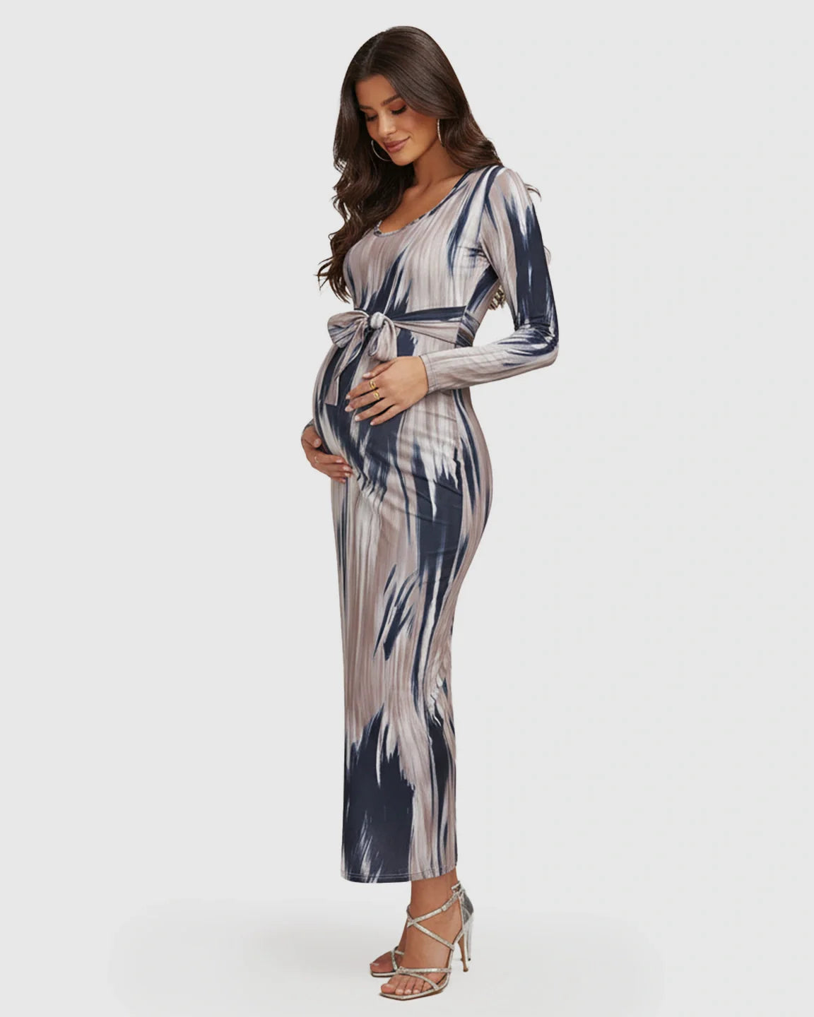 Bump Society – The Comfort Collection: Adjustable Tie-Waist Ink-Wash Maternity Maxi Dress