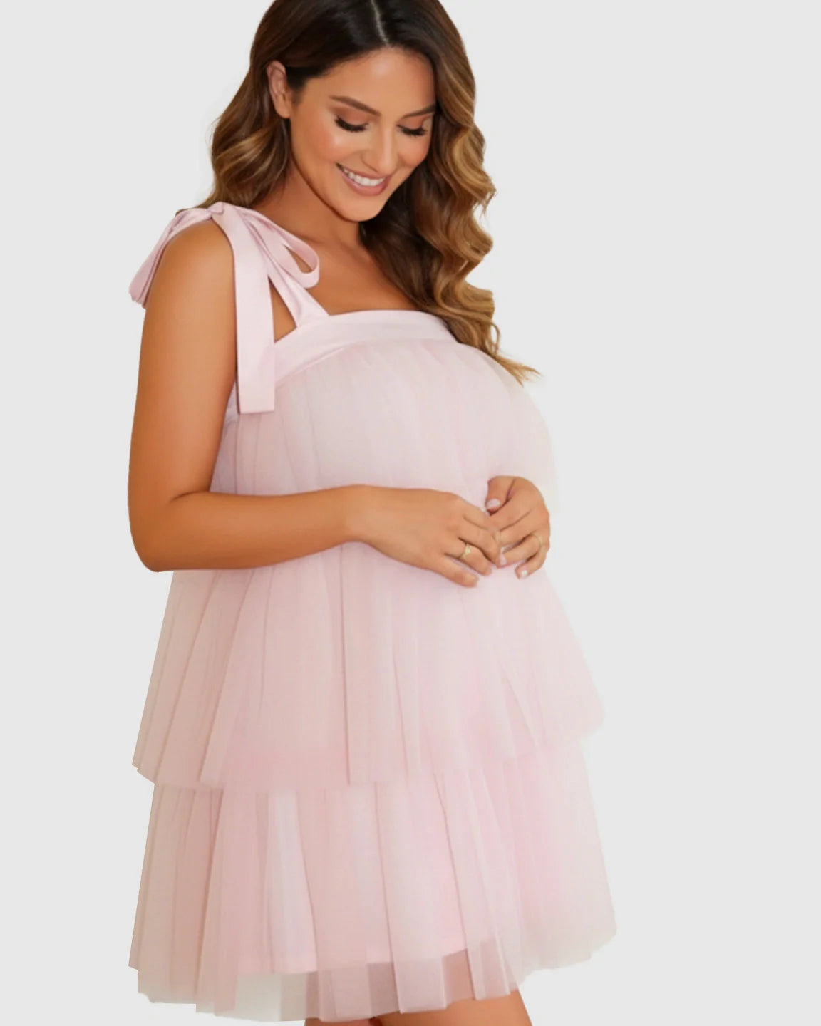 Bump Society – The Comfort Collection: Bow-Tie Tulle Cake-Layer Maternity Mini Dress