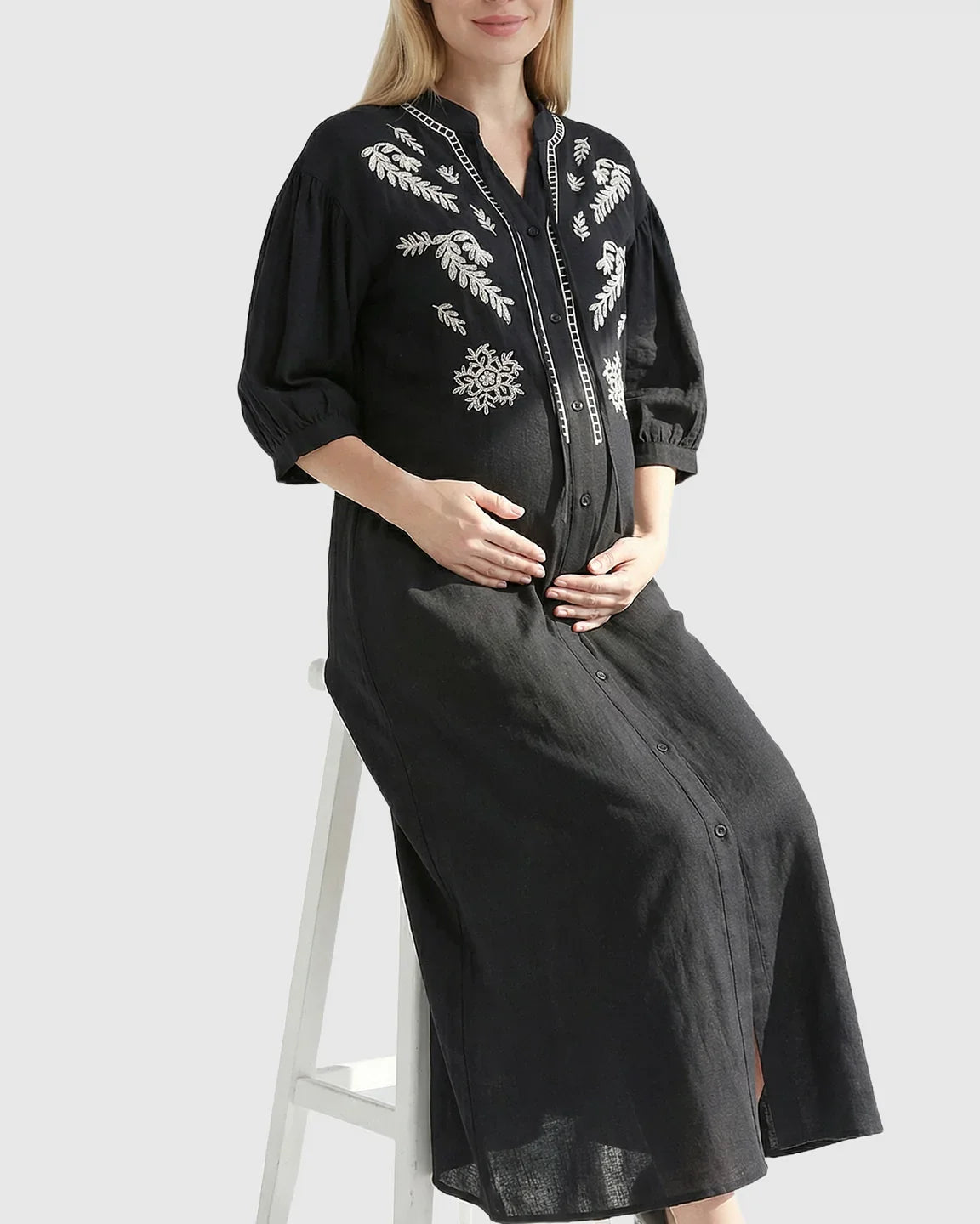 Bump Society – The Comfort Collection: Embroidered Mandarin Collar Loose Maternity Midi Dress