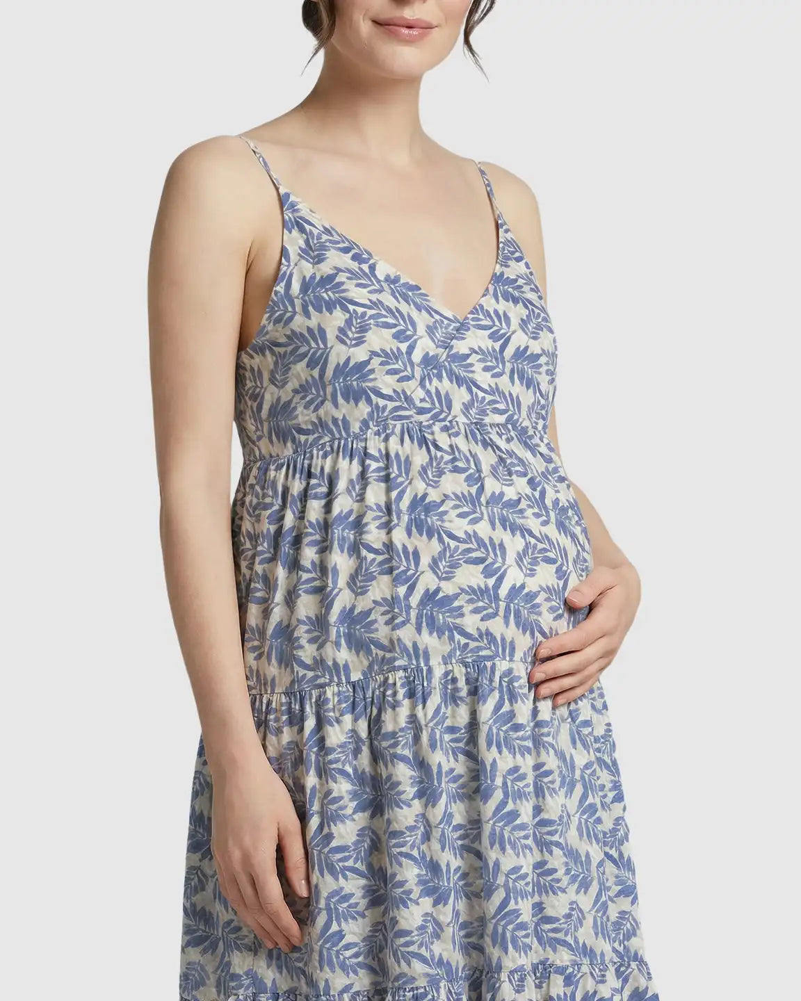Bump Society – The Comfort Collection: Adjustable-Strap Blue Leaves Print Maternity Nightdress