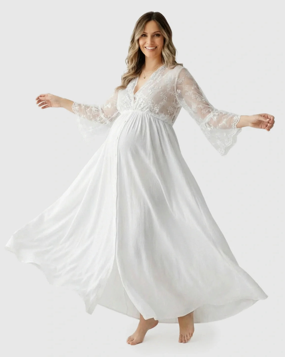 Bump Society – The Comfort Collection: Lace Bell-Sleeve V-Neck Maternity Gown