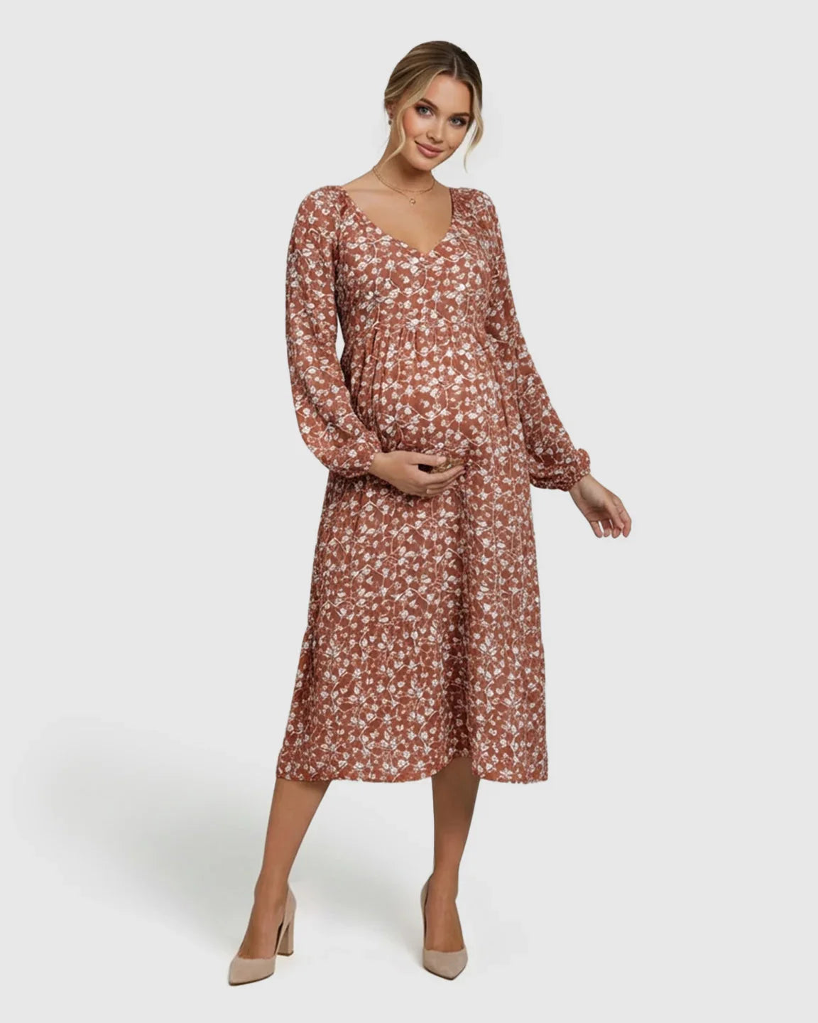Bump Society – The Comfort Collection: Floral Print Chiffon Flowing Maternity Midi Dress