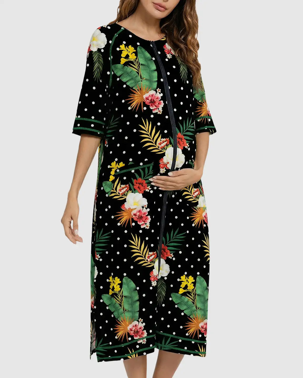 Bump Society – The Nursing Collection: Zip Front Tropical Print Maternity Nursing Lounge Dress