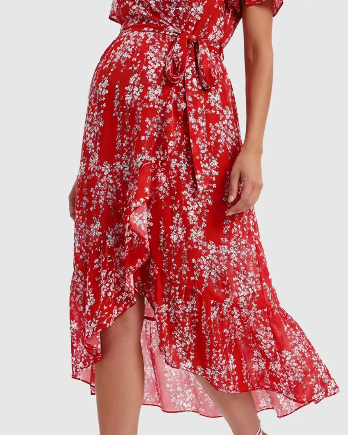 Red floral maternity midi dress with V-neck, ruffled hem, and waist tie.