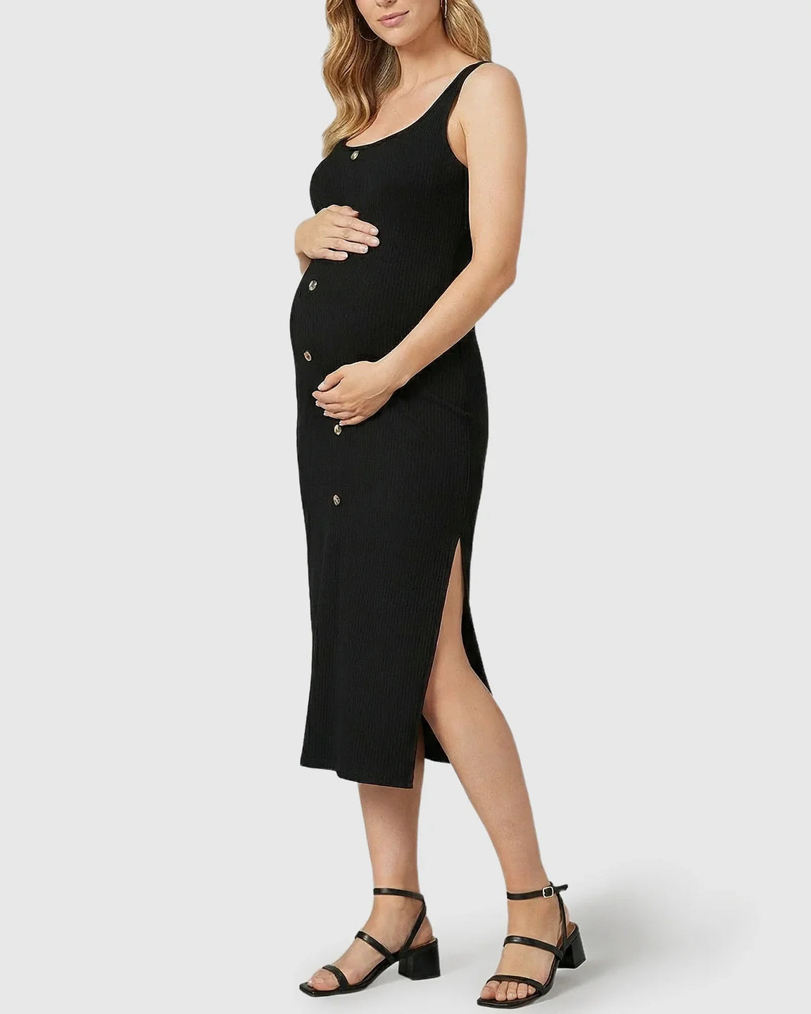 Bump Society – The Comfort Collection: Button-Front Bodycon Maternity Midi Dress