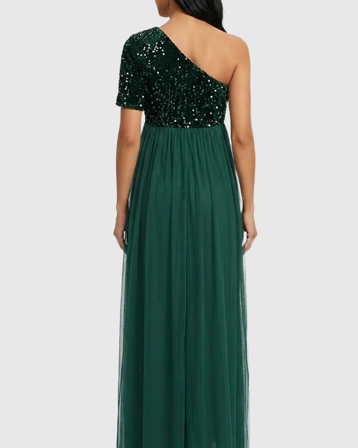 Bump Society – The Comfort Collection: Sequin One-Shoulder Flowy Maternity Maxi Dress