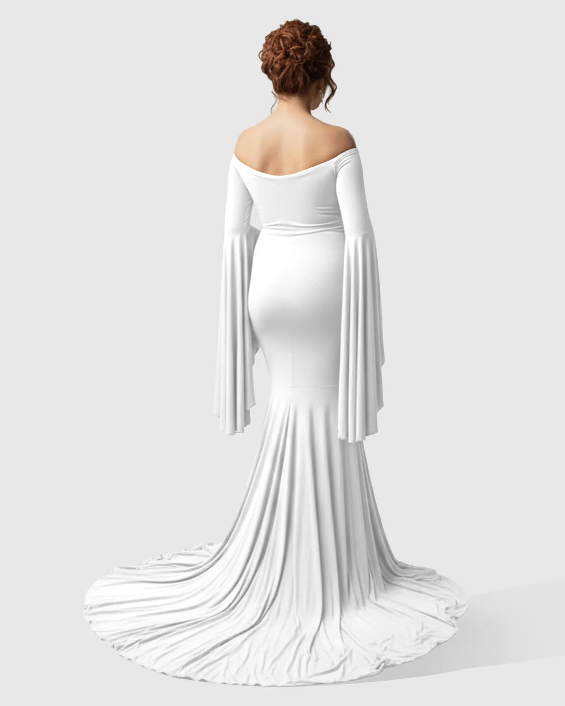Bump Society – The Comfort Collection: Flared Sleeve Fishtail Train Maternity Photoshoot Dress