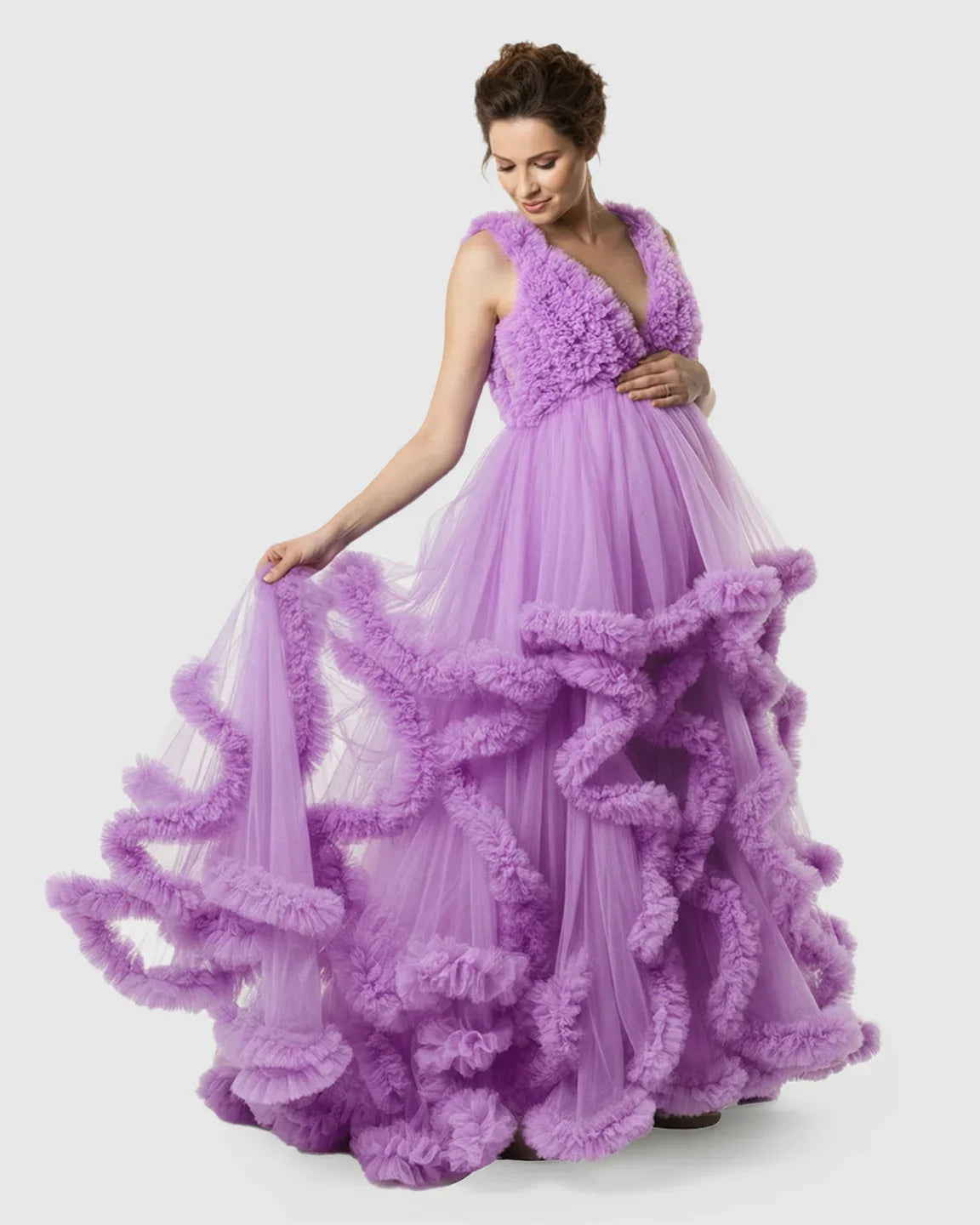 Bump Society – The Comfort Collection: Ruffled Bodice Multi-Layer Mesh Pleats Maternity Gown