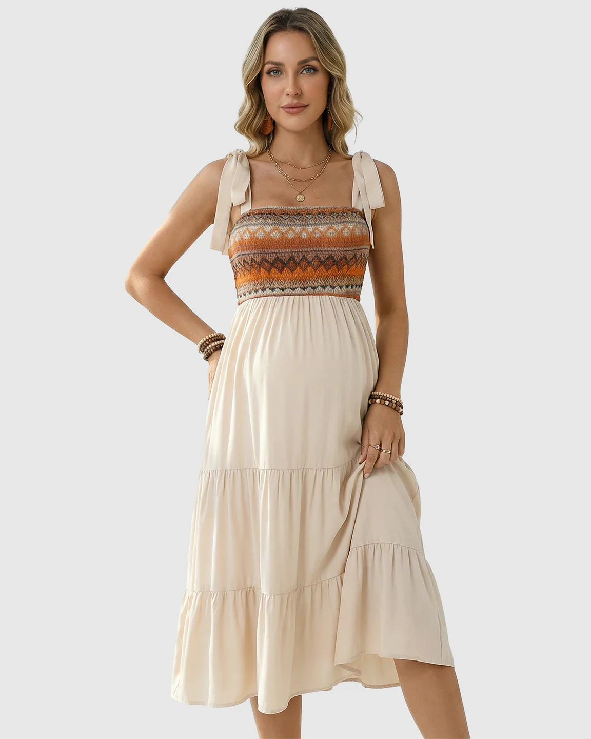 Bump Society – The Comfort Collection: Smocked Ethnic Bodice Tiered A-Line Maternity Sundress