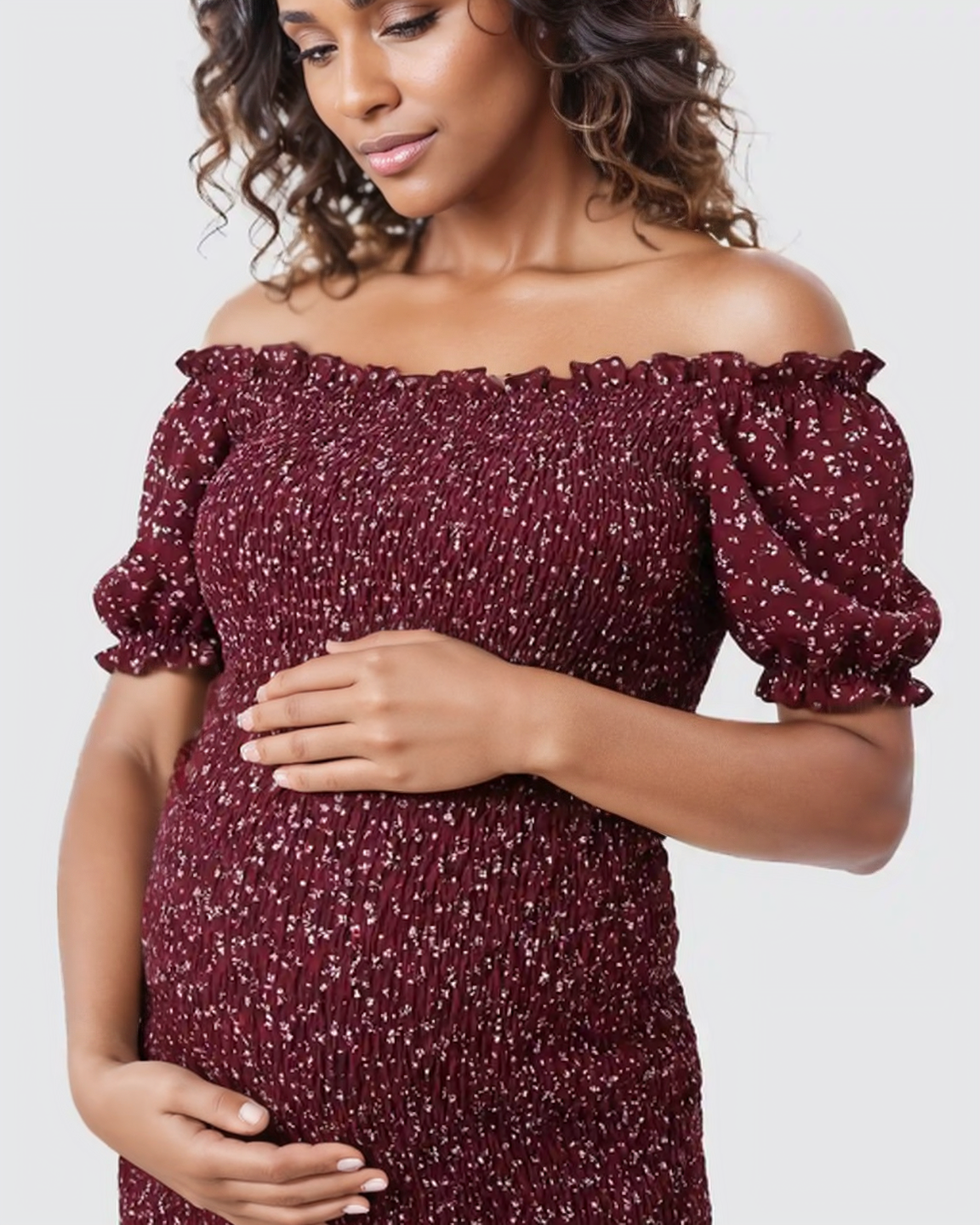 Bump Society – The Comfort Collection: Off-Shoulder Smocked Floral Maternity Midi Dress