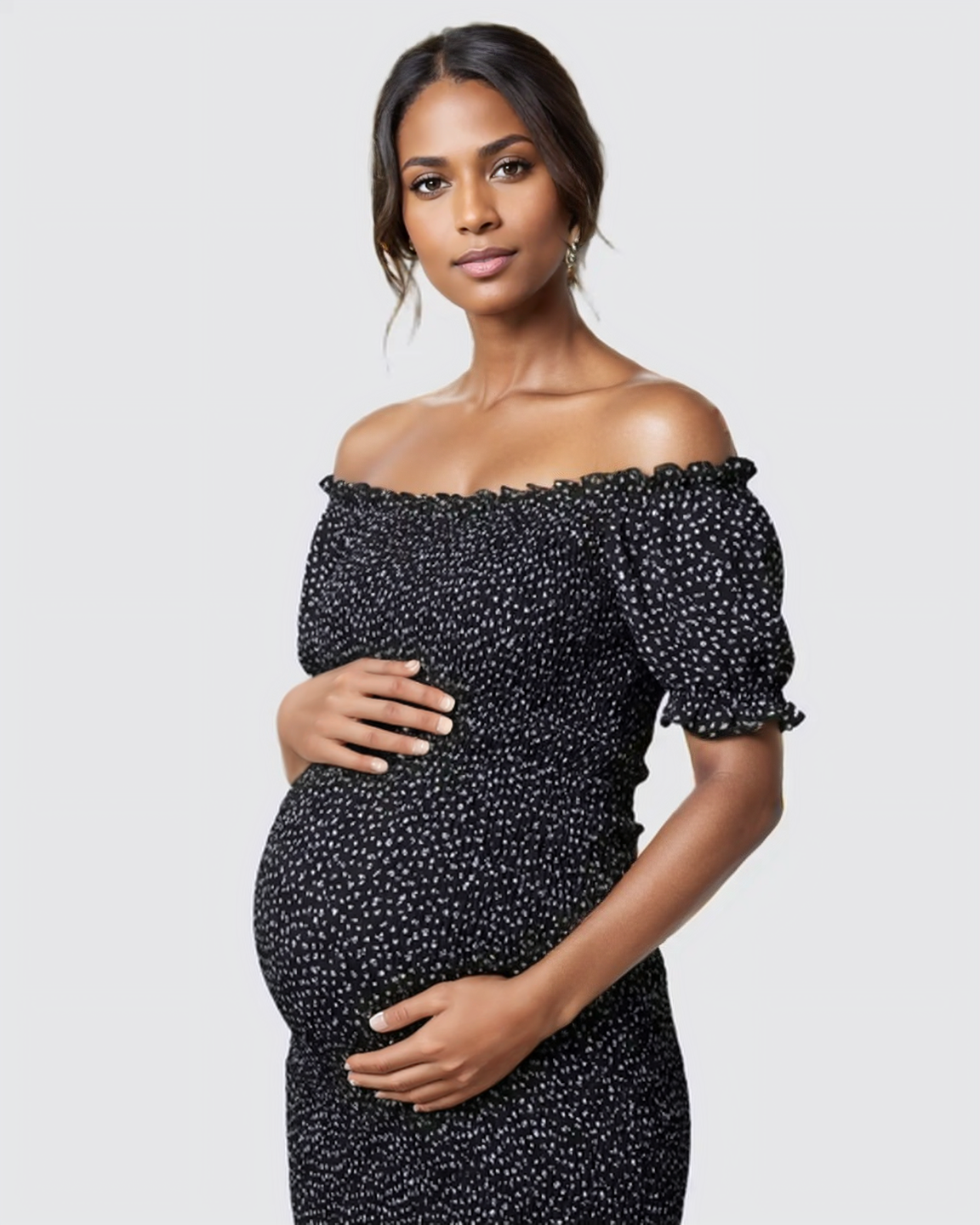 Bump Society – The Comfort Collection: Off-Shoulder Smocked Floral Maternity Midi Dress