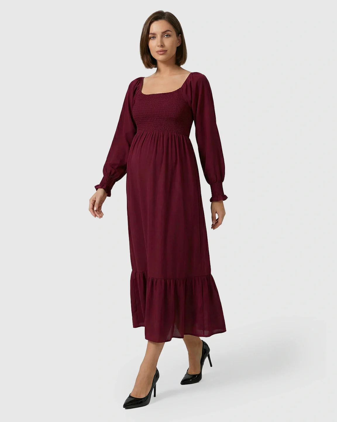 Bump Society – The Comfort Collection: Smocked Square Neck Ruffled Hem Maternity Maxi Dress