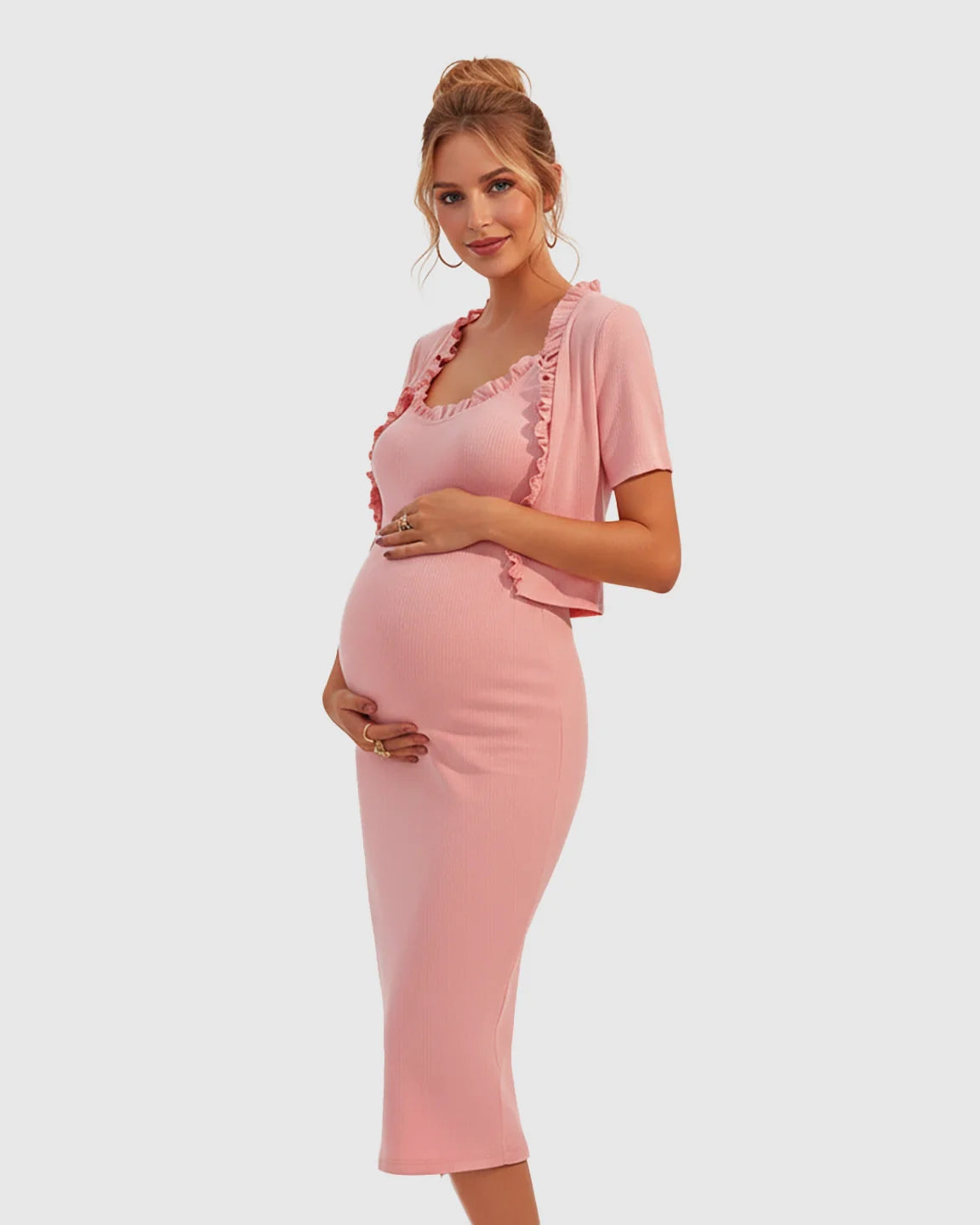 Bump Society – The Comfort Collection: Ruffle Neck Bodycon Maternity Midi Dress Set