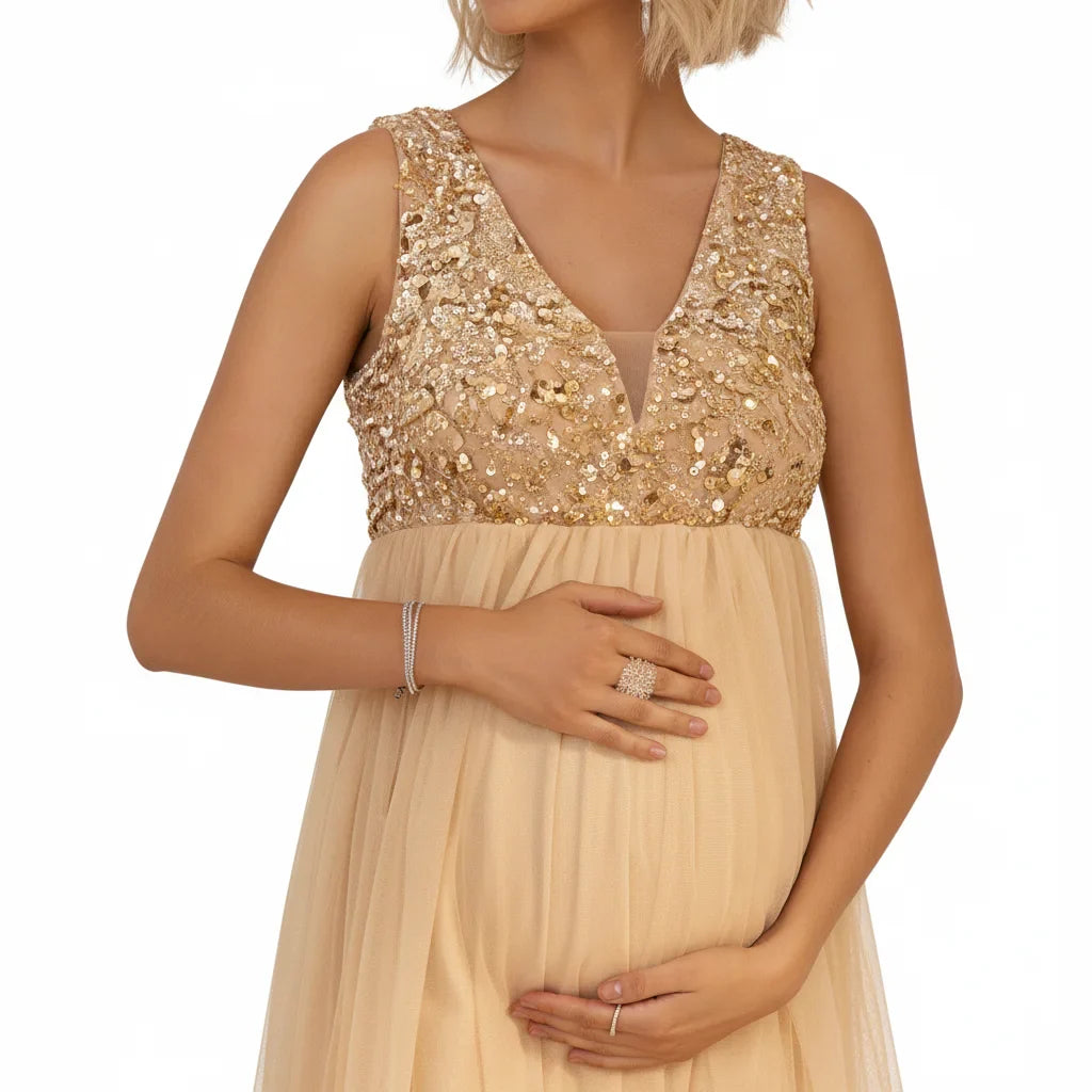 Bump Society – The Comfort Collection: Sequin Bodice Empire Waist Maternity Maxi Dress