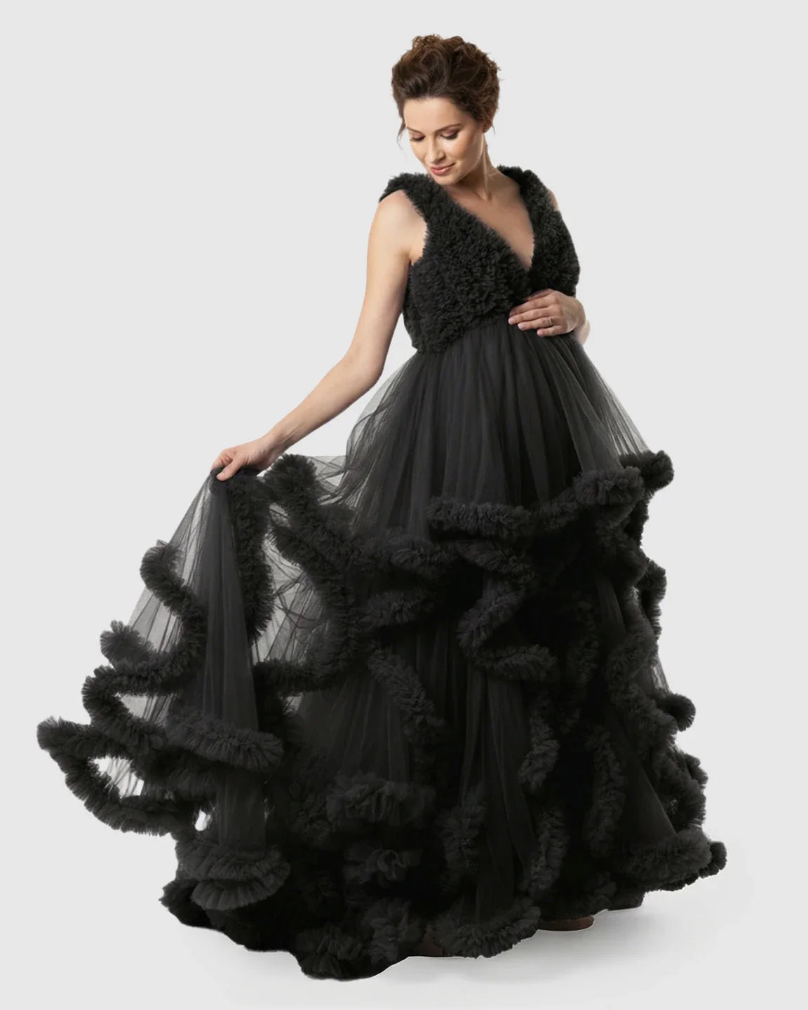 Bump Society – The Comfort Collection: Ruffled Bodice Multi-Layer Mesh Pleats Maternity Gown