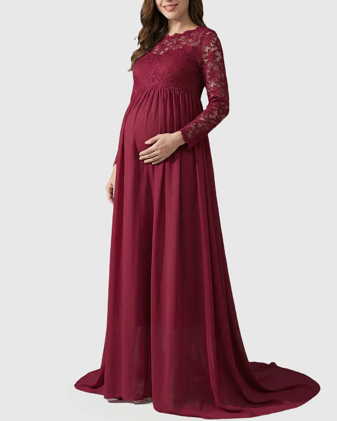 Bump Society – The Comfort Collection: Lace Bodice Trailing Skirt Maternity Photoshoot Gown
