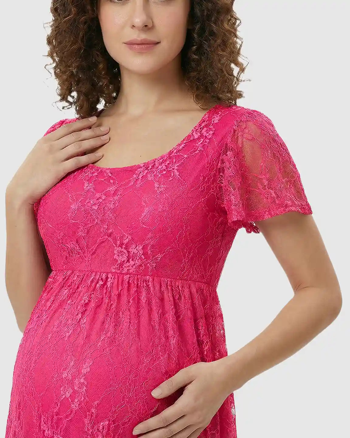 Bump Society – The Comfort Collection: Ruffled Hem Floral Lace Maternity Photoshoot Dress