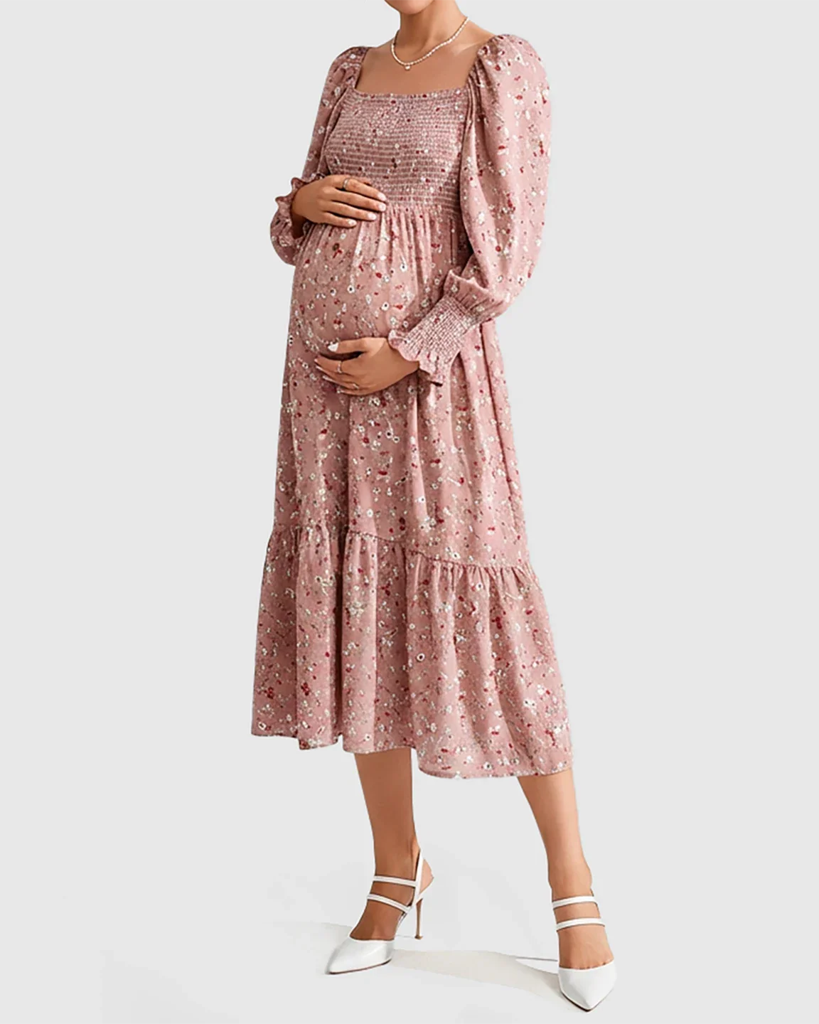 Bump Society – The Comfort Collection: Smocked Bodice Feminine Maternity Midi Dress