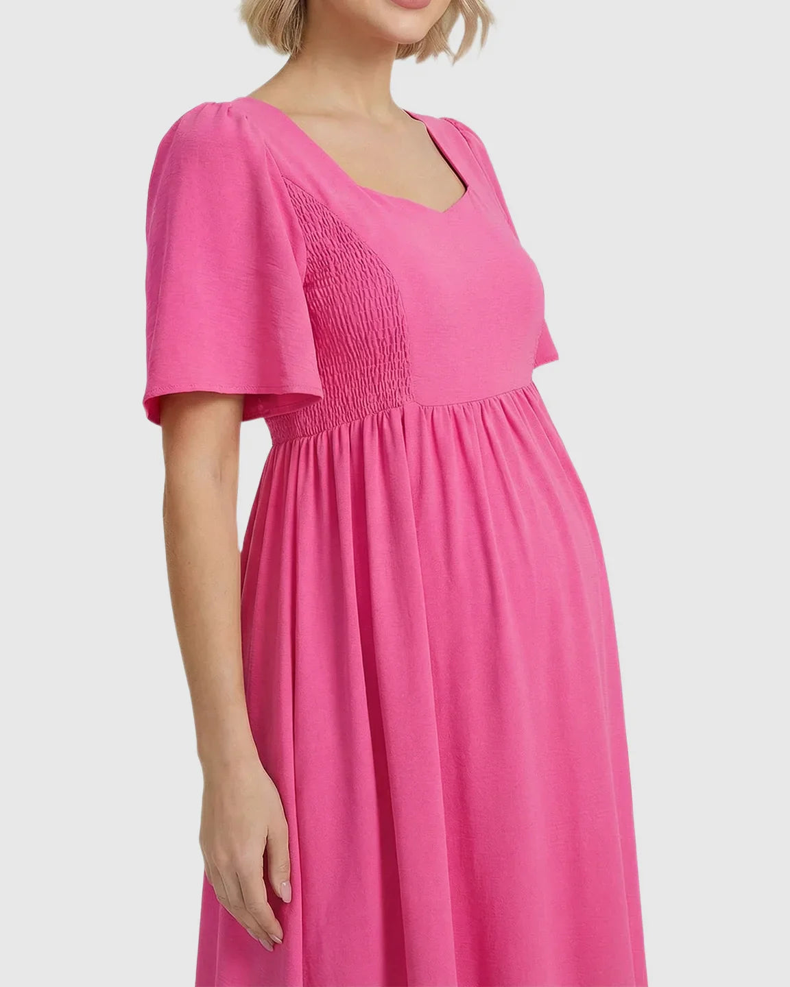 Bump Society – The Comfort Collection: Shirred Ruffle Sleeve Swing Maternity Midi Dress