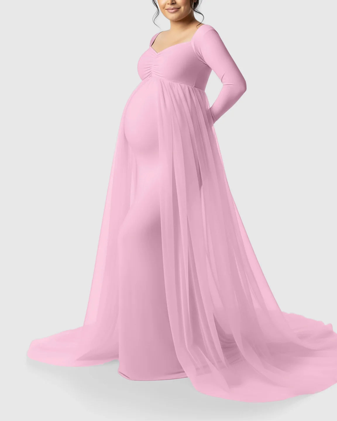 Bump Society – The Comfort Collection: Sheer Mesh Flowy Train Maternity Maxi Dress