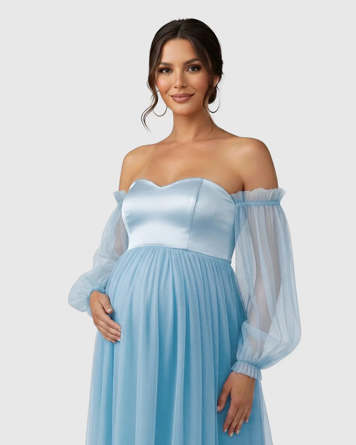 Bump Society – The Comfort Collection: Off-Shoulder Mesh-Sleeve Maternity Gown