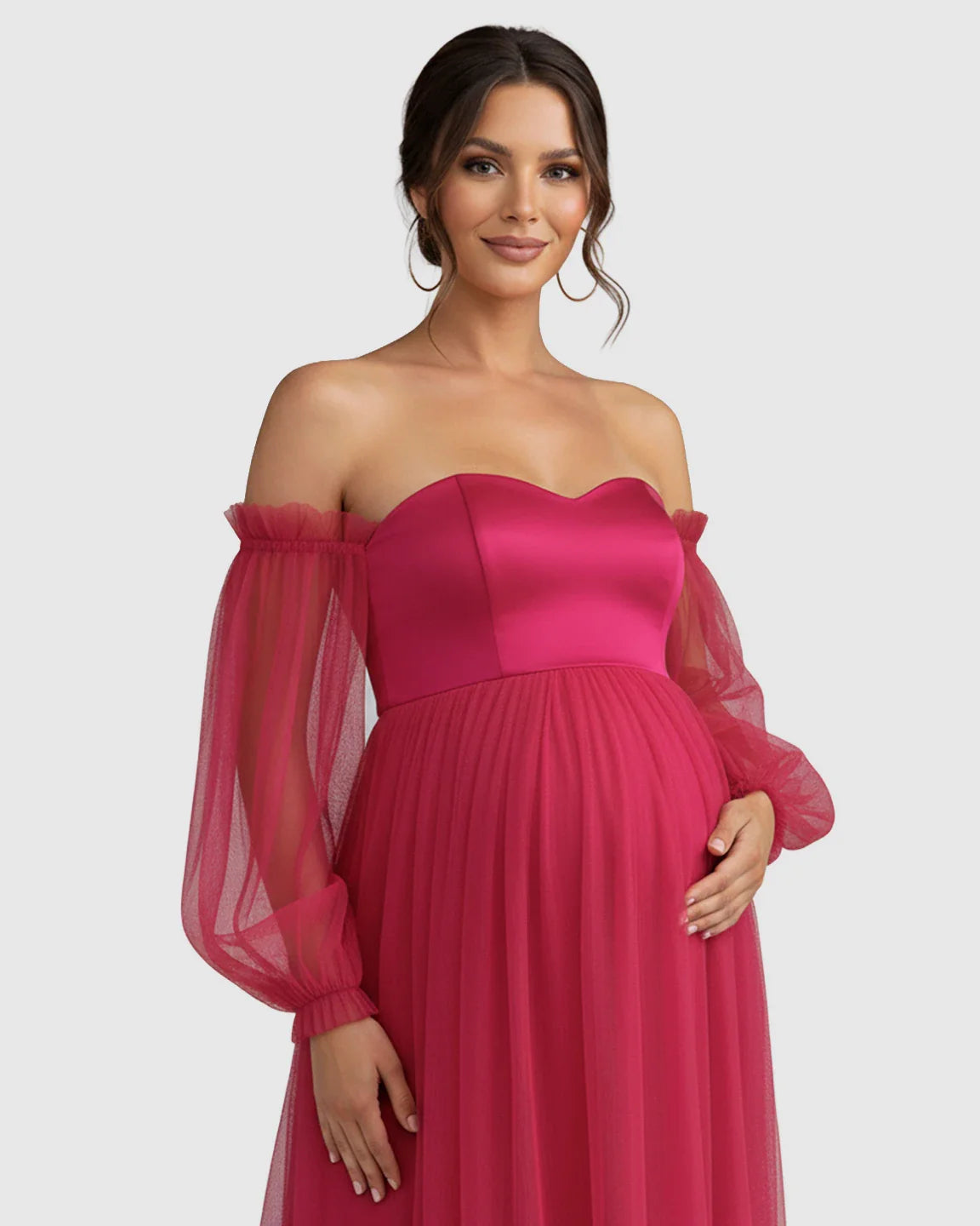 Bump Society – The Comfort Collection: Off-Shoulder Mesh-Sleeve Maternity Gown