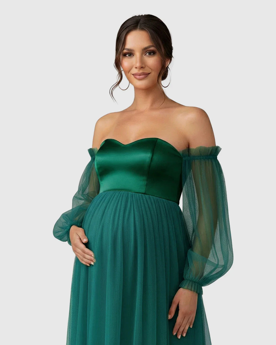 Bump Society – The Comfort Collection: Off-Shoulder Mesh-Sleeve Maternity Gown
